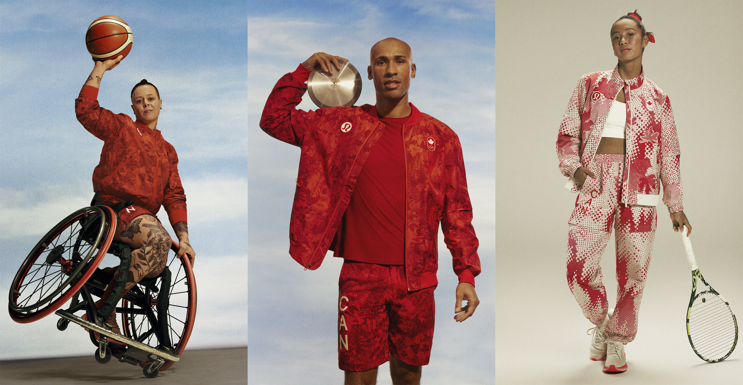 This image released by Lululemon shows Canadian Olympic athletes, from left, Cindy Ouellet, Damian Warner and Leylah Fernandez. 