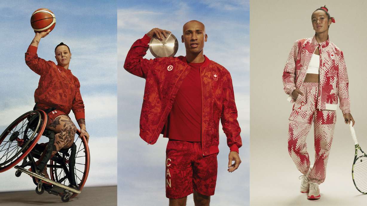 This image released by Lululemon shows Canadian Olympic athletes, from left, Cindy Ouellet, Damian Warner and Leylah Fernandez.