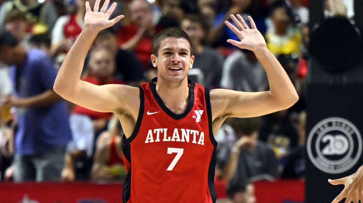 Atlanta Hawks forward Nikola Druidic (7) reacts after a basket against the Washington Wizards during the first half of an NBA summer league basketball game Friday, July 12, 2024, in Las Vegas.