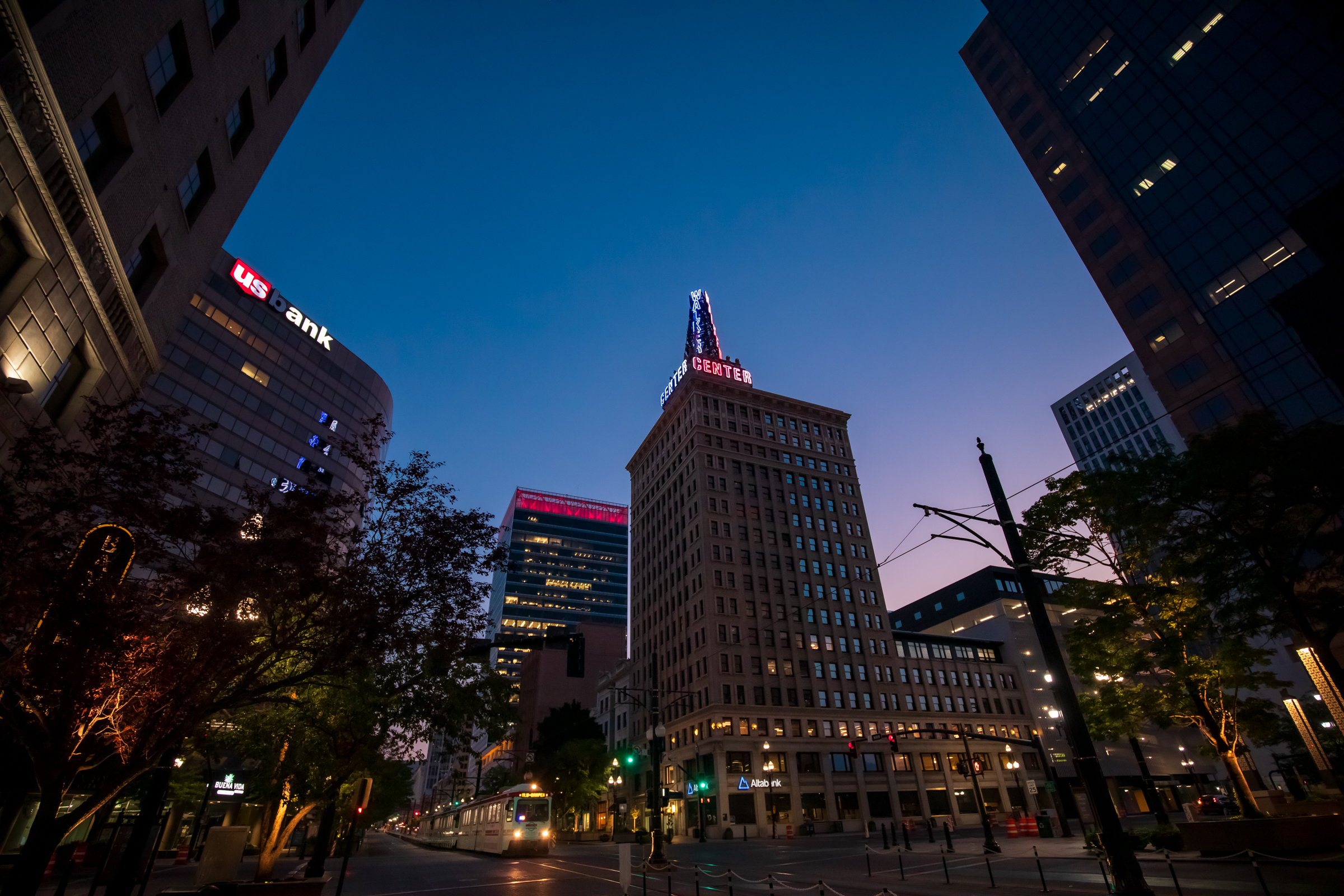 Downtown Salt Lake City buildings lit red, white and blue Wednesday morning as Salt Lake City was named the host of the 2034 Winter Olympics.