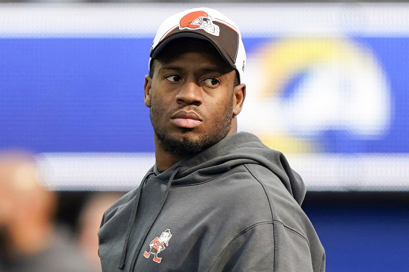 FILE - Cleveland Browns running back Nick Chubb looks on during warmups before an NFL football game against the Los Angeles Rams, Dec. 3, 2023, in Inglewood, Calif. Chubb was placed on the physically-unable-to-perform list Wednesday, July 24, 2024, as he continues to recover from a season-ending left knee injury and two surgeries. 