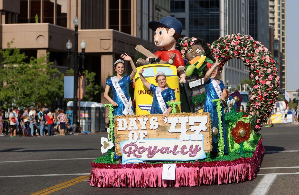 Days of ’47 Royalty Tiffany Gunnell, Elizabeth Hampton and Karissa Behunin ride on the Days of ’47 Royalty Float in the Days of ’47 Parade in downtown Salt Lake City on Wednesday.