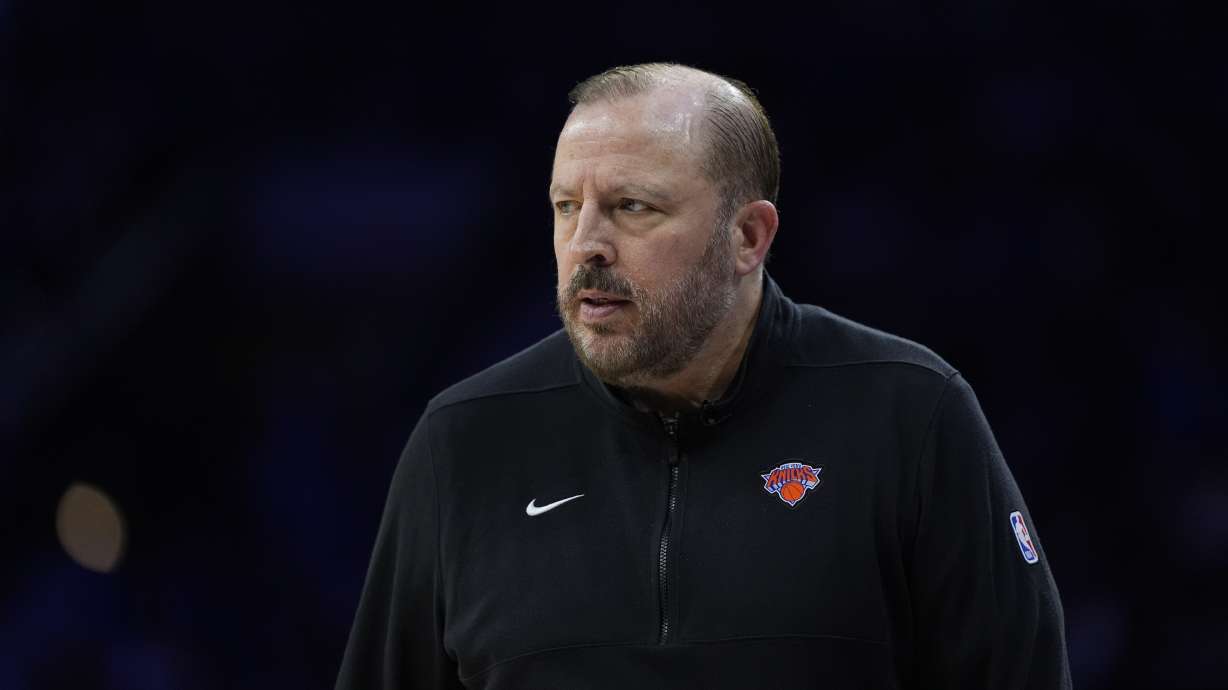 New York Knicks' Tom Thibodeau coaches play during Game 4 in an NBA basketball first-round playoff series, April 28, 2024, in Philadelphia. Thibodeau has agreed to a three-year contract extension after leading the Knicks to three postseason appearances in his four seasons, a person with knowledge of the details said Wednesday, July 24, 2024.