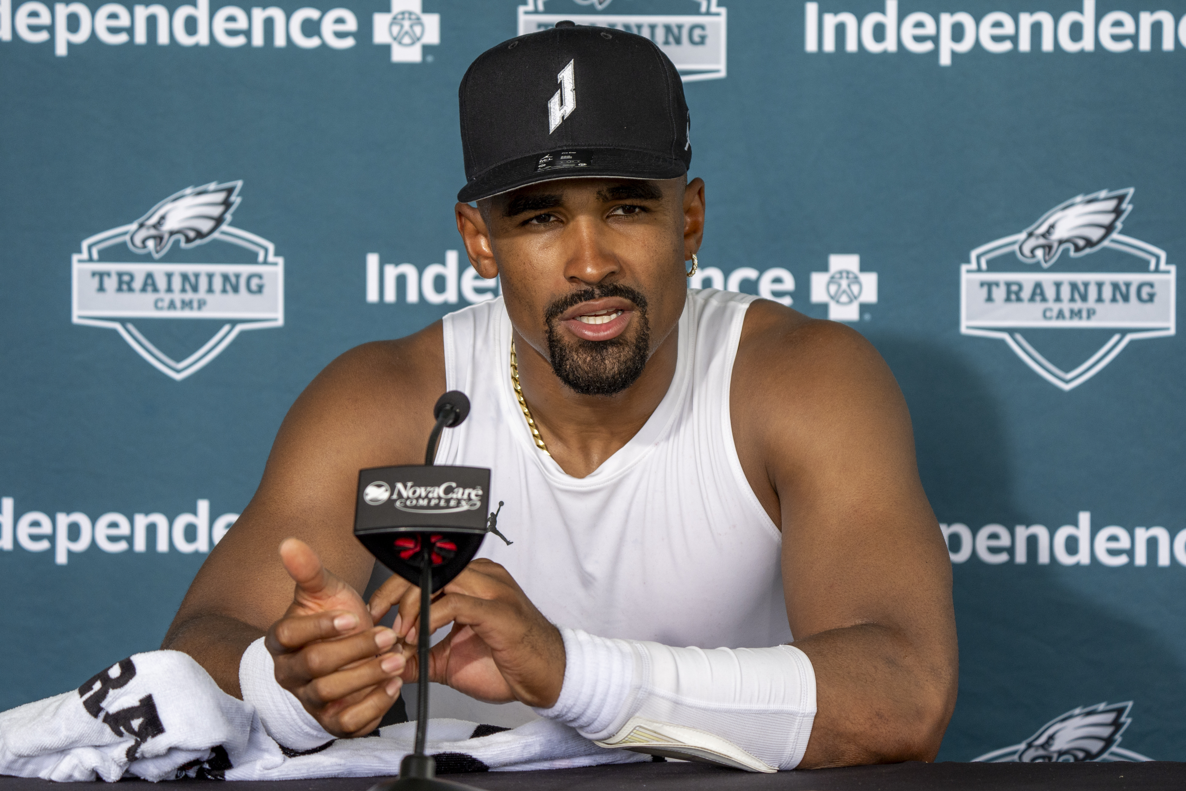 Philadelphia Eagles quarterback Jalen Hurts talks with the media following practice at NFL football training camp, Wednesday, July 24, 2024, in Philadelphia.
