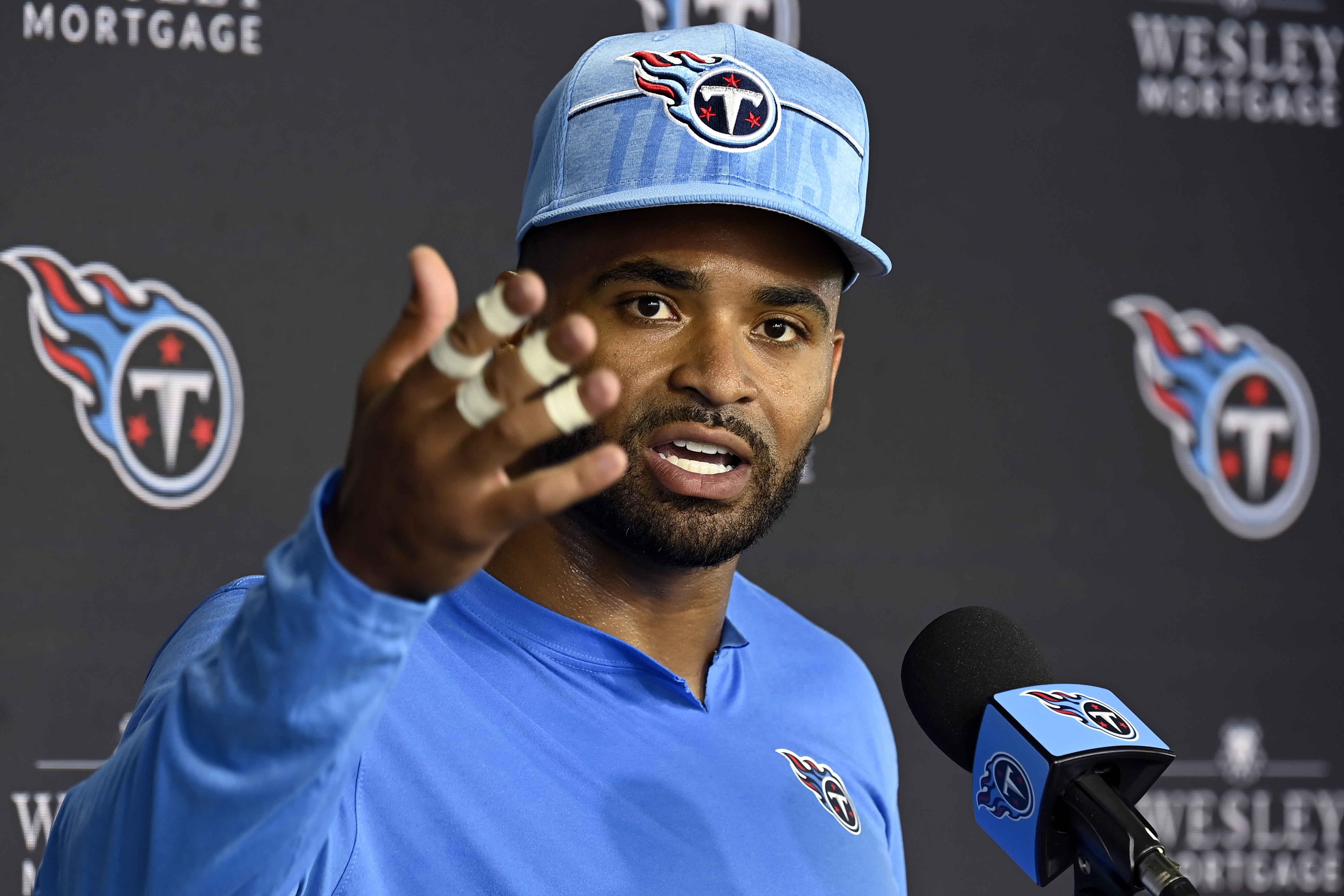 Tennessee Titans safety Jamal Adams responds to to questions during a news conference after an NFL football training camp practice Wednesday, July, 24, 2024, in Nashville, Tenn. 