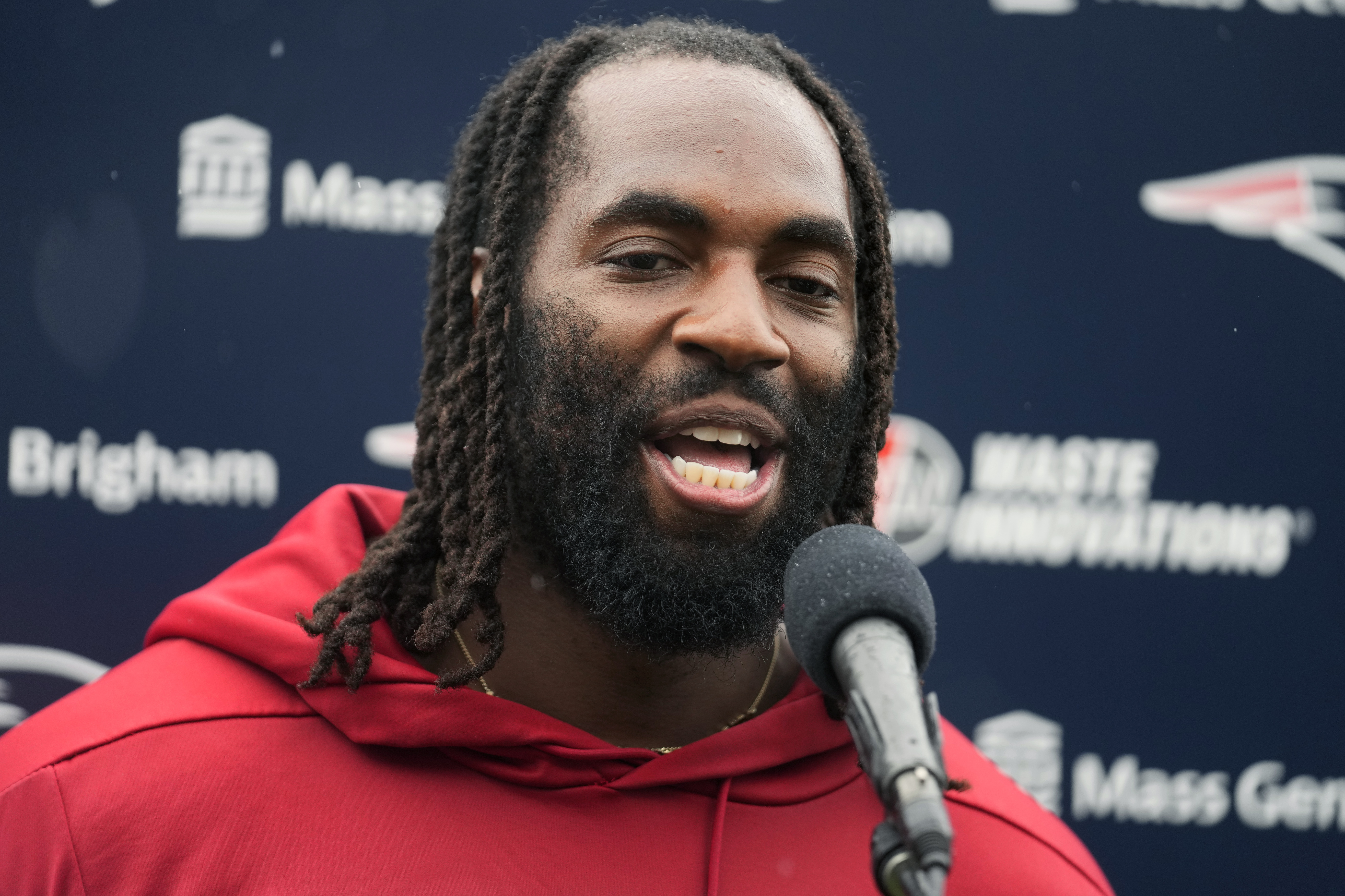New England Patriots linebacker Matthew Judon speaks with reporters following an NFL football training camp, Wednesday, July 24, 2024, in Foxborough, Mass. 