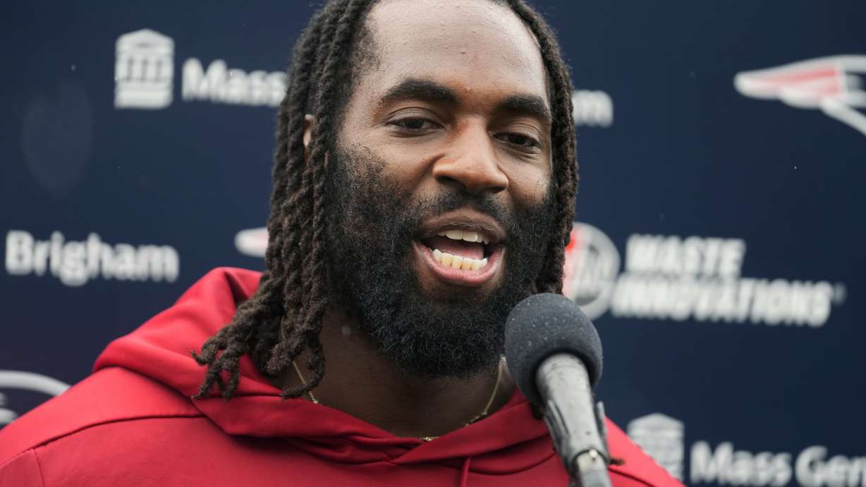 New England Patriots linebacker Matthew Judon speaks with reporters following an NFL football training camp, Wednesday, July 24, 2024, in Foxborough, Mass.