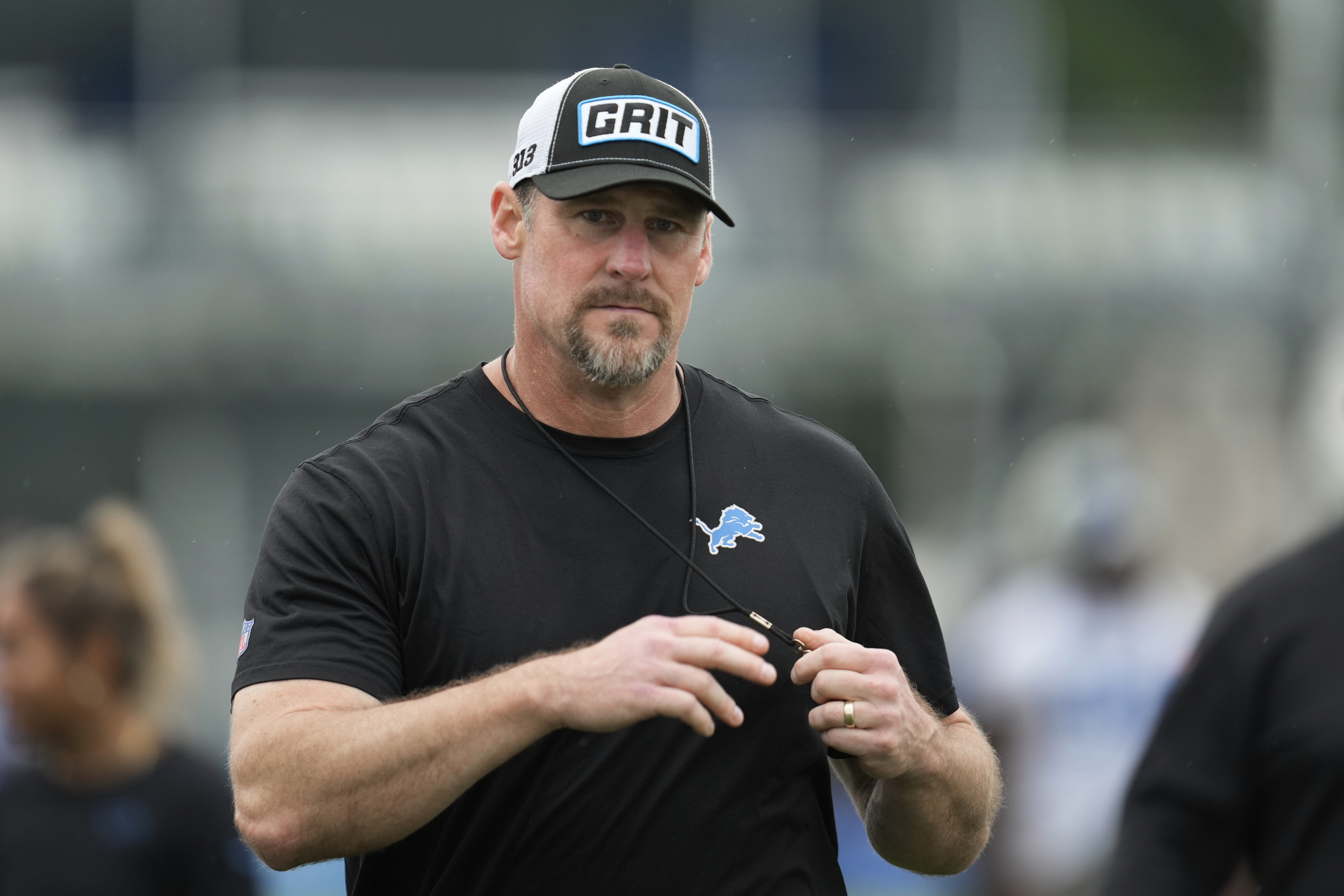 Detroit Lions head coach Dan Campbell watches during an NFL football practice in Allen Park, Mich., Wednesday, July 24, 2024. 