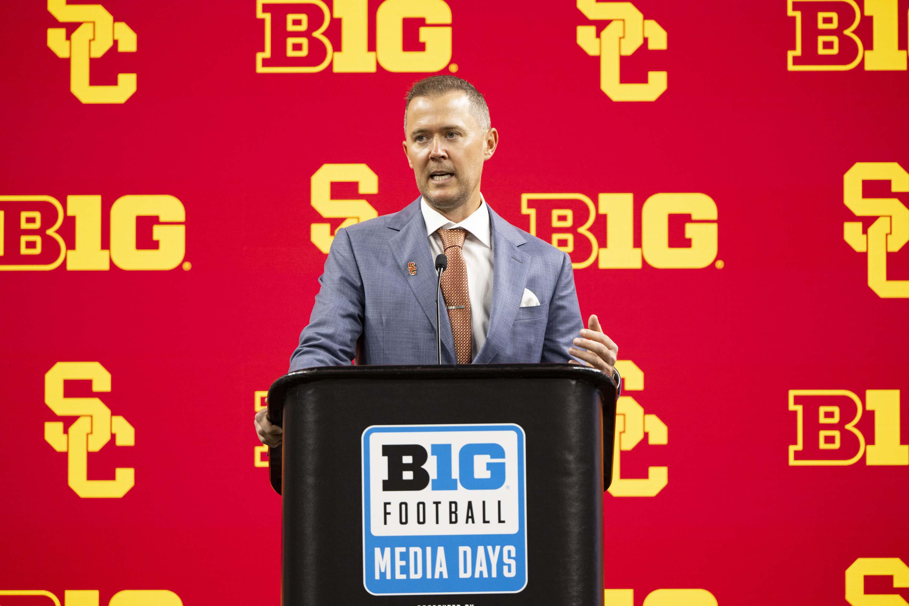 Southern California head coach Lincoln Riley talks with reporters during an NCAA college football news conference at the Big Ten Conference media days at Lucas Oil Stadium, Wednesday, July 24, 2024, in Indianapolis.