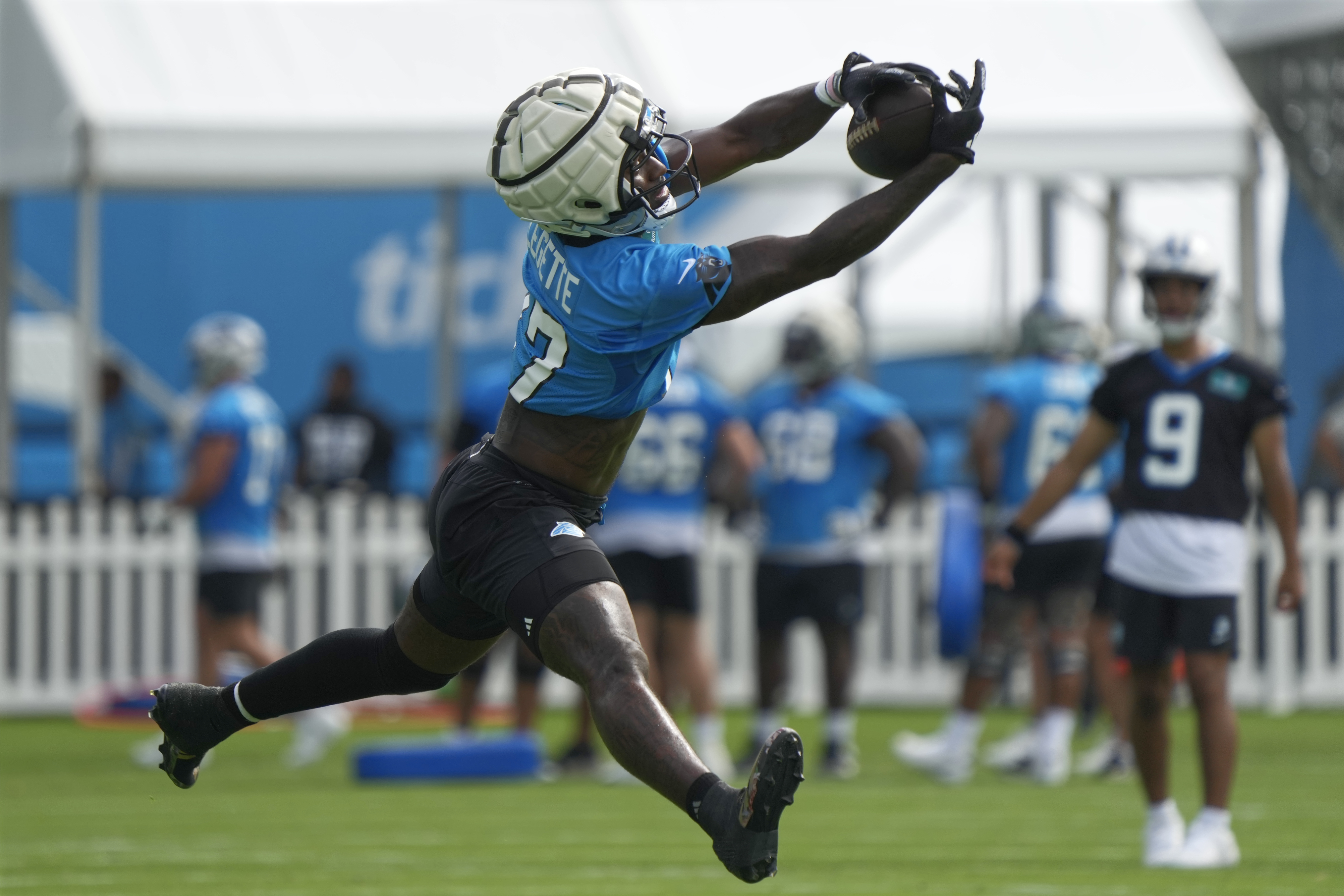 Carolina Panthers receiver Xavier Legette reaches for a catch during the NFL football team's training camp in Charlotte, N.C., Wednesday, July 24, 2024. 