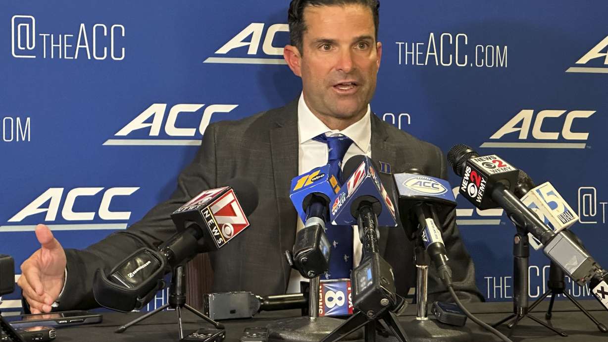 Duke football coach Manny Diaz speaks during the Atlantic Coast Conference NCAA college football media days, Wednesday, July 24, 2024, in Charlotte, N.C.