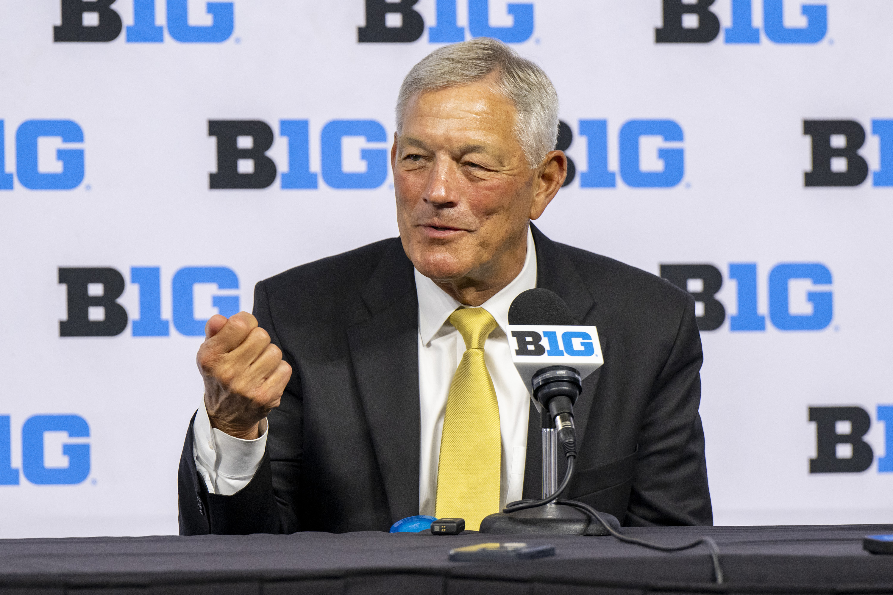 Iowa head coach Kirk Ferentz talks with reporters during an NCAA college football news conference at the Big Ten Conference media days at Lucas Oil Stadium, Wednesday, July 24, 2024, in Indianapolis.