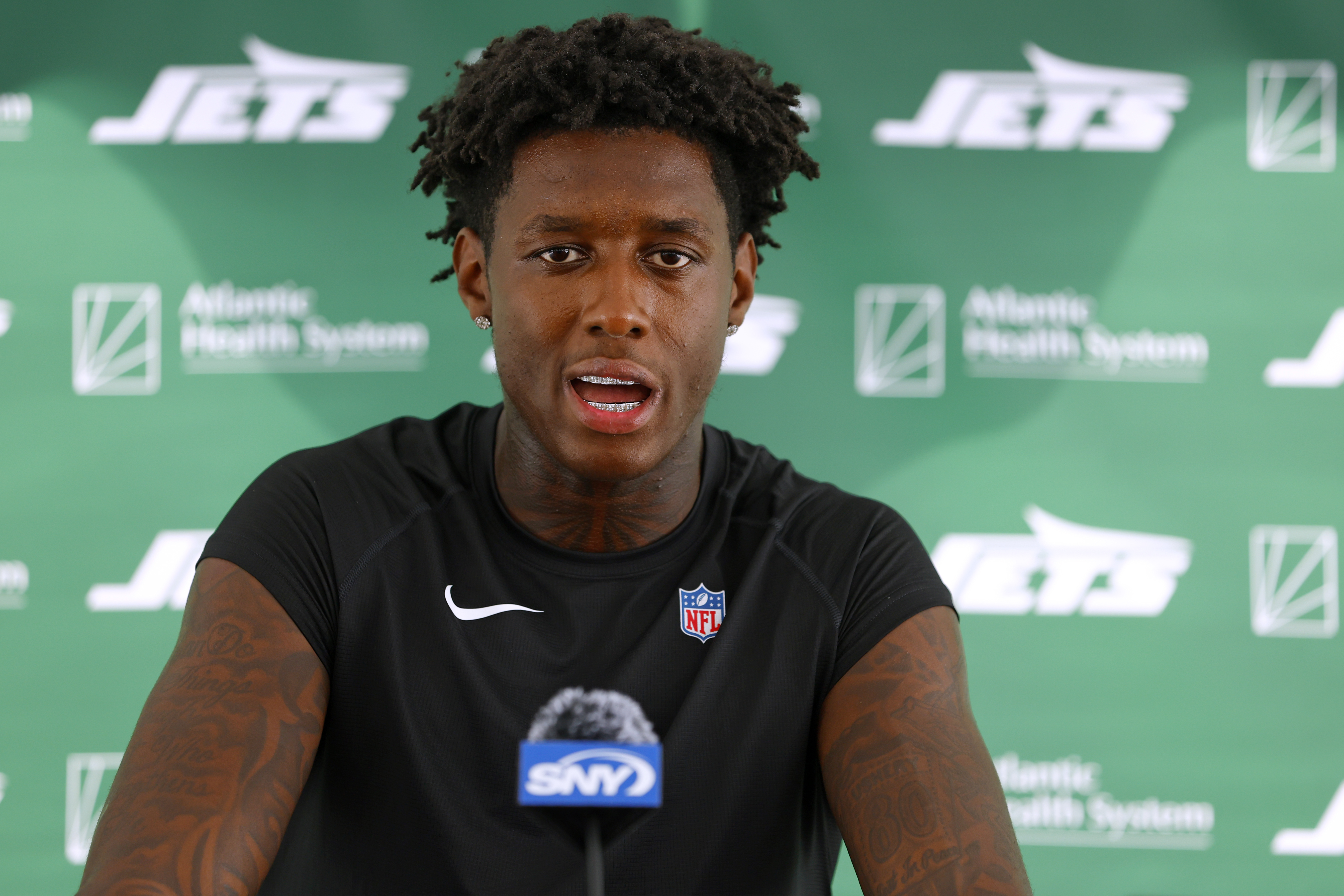 New York Jets cornerback Sauce Gardner (1) talks to reporters after the team's NFL football training camp, Wednesday, July 24, 2024, in Florham Park, N.J. 