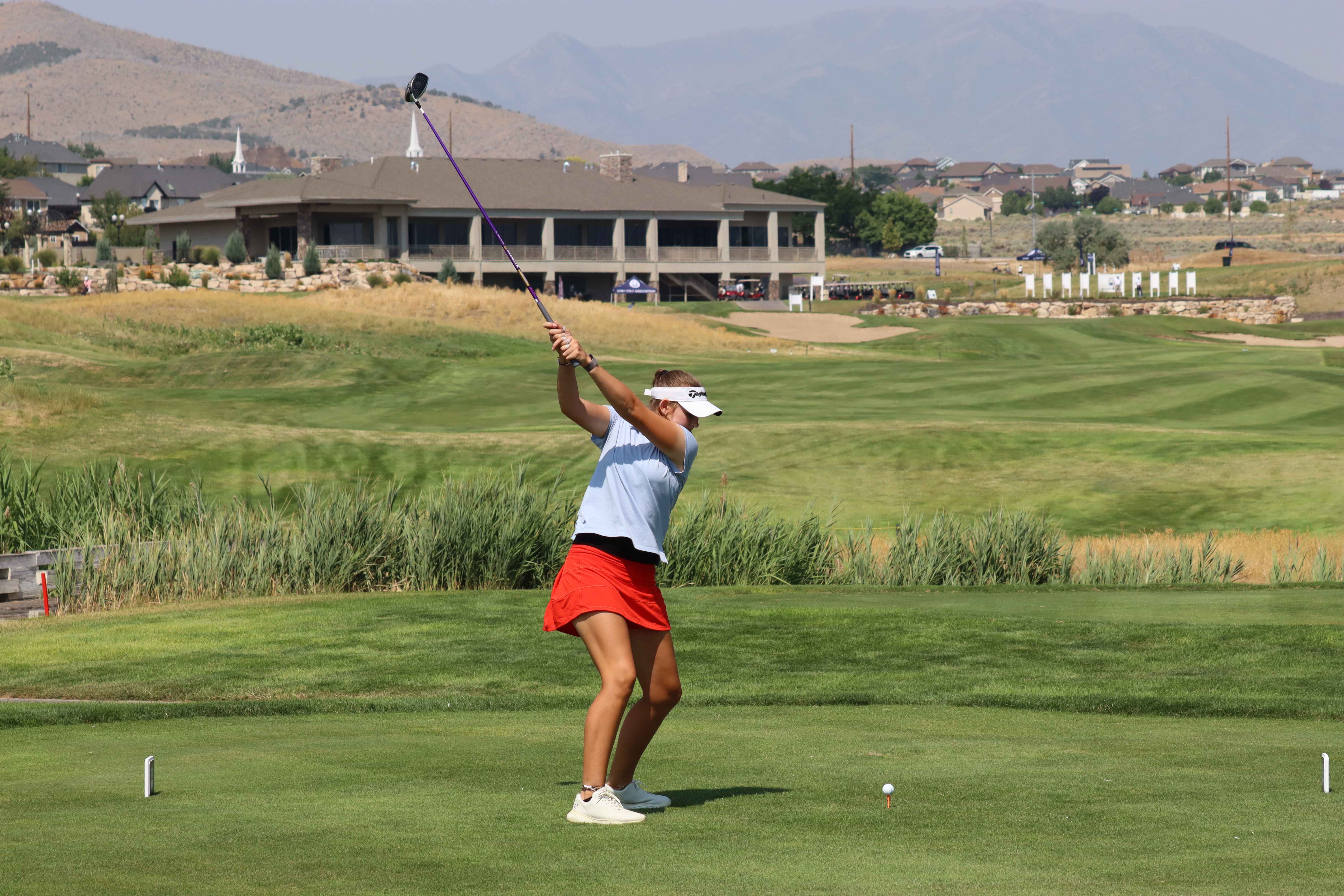 Black Desert golfer Ali Mulhall tees off on No. 18 during stroke-play qualifying for the 118th Utah women's state amateur championship, Wednesday, July 24, 2024 at TalonsCove in Saratoga Springs.
