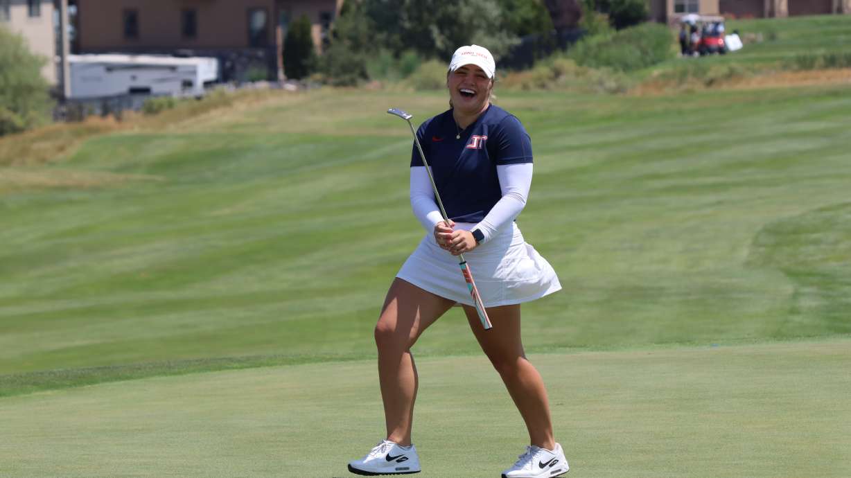 Utah Tech rising junior Jenna Anderson celebrates her 30-foot birdie putt on No. 18 during stroke-play qualifying for the 118th Utah women's state amateur championship, Wednesday, July 24, 2024 at TalonsCove in Saratoga Springs.