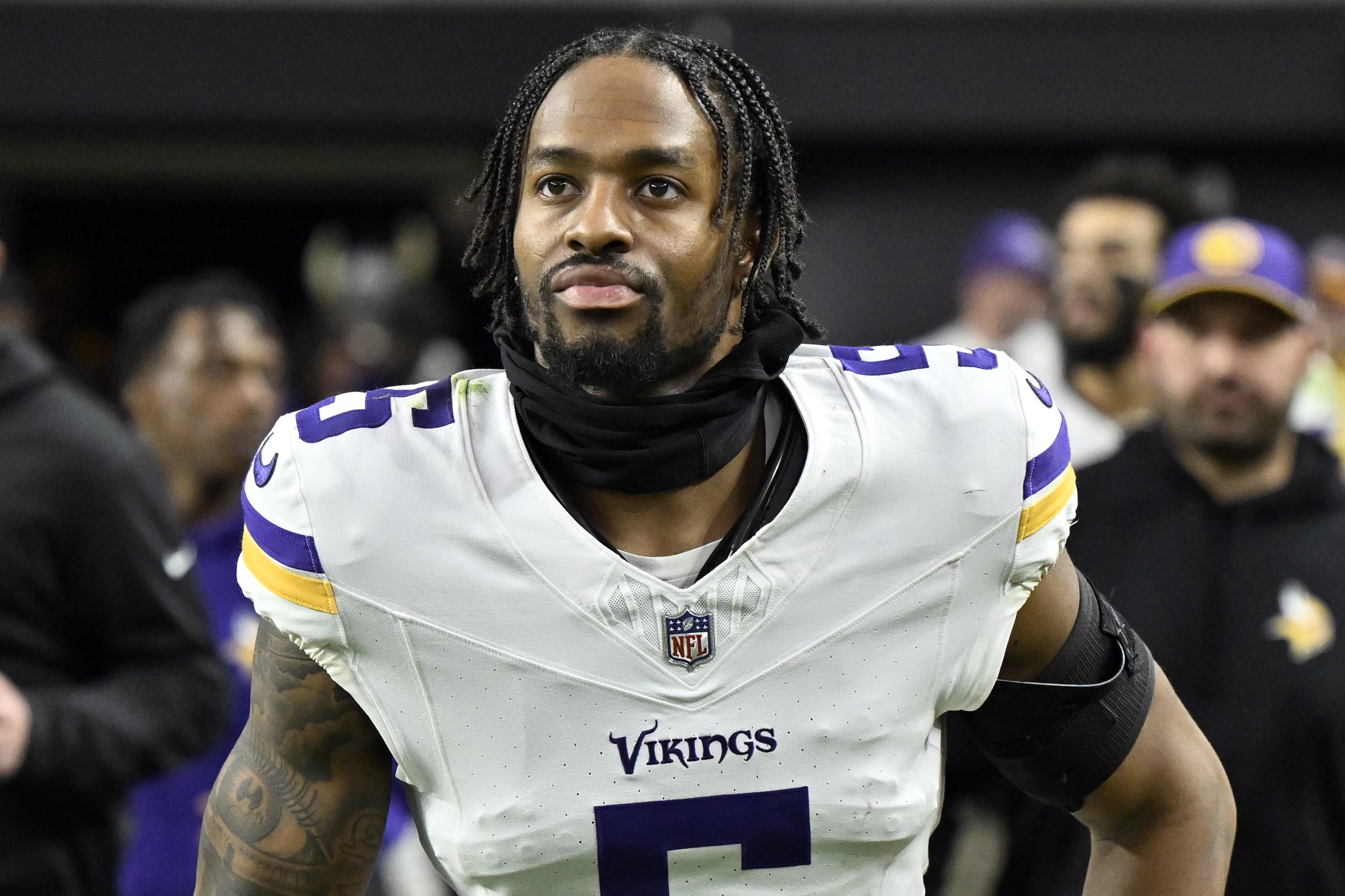 FILE- Minnesota Vikings cornerback Mekhi Blackmon takes the field for the second half of an NFL football game against the Las Vegas Raiders, Sunday, Dec. 10, 2023, in Las Vegas. Blackmon tore his ACL during a drill in the first practice of training camp on Wednesday, July 24, 2024, a person with knowledge of the injury confirmed. 