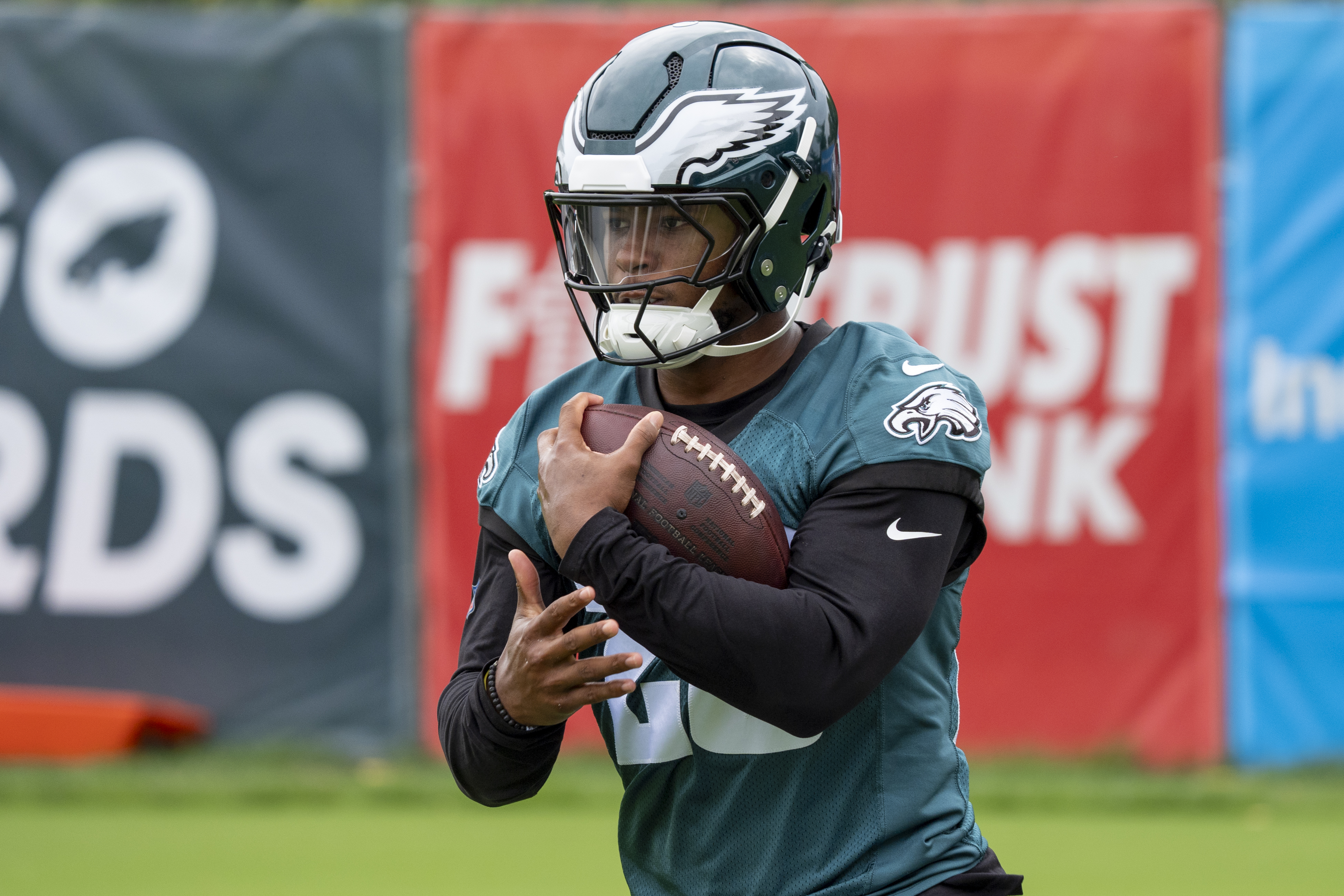 Philadelphia Eagles running back Saquon Barkley runs a drill during practice at NFL football training camp, Wednesday, July 24, 2024, in Philadelphia.