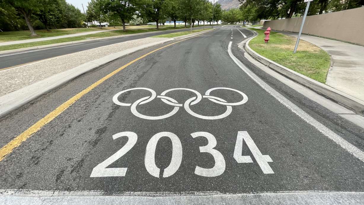 The city of Provo stenciled Olympic rings around town ahead of the 2034 games, as seen on Center Street on Thursday.