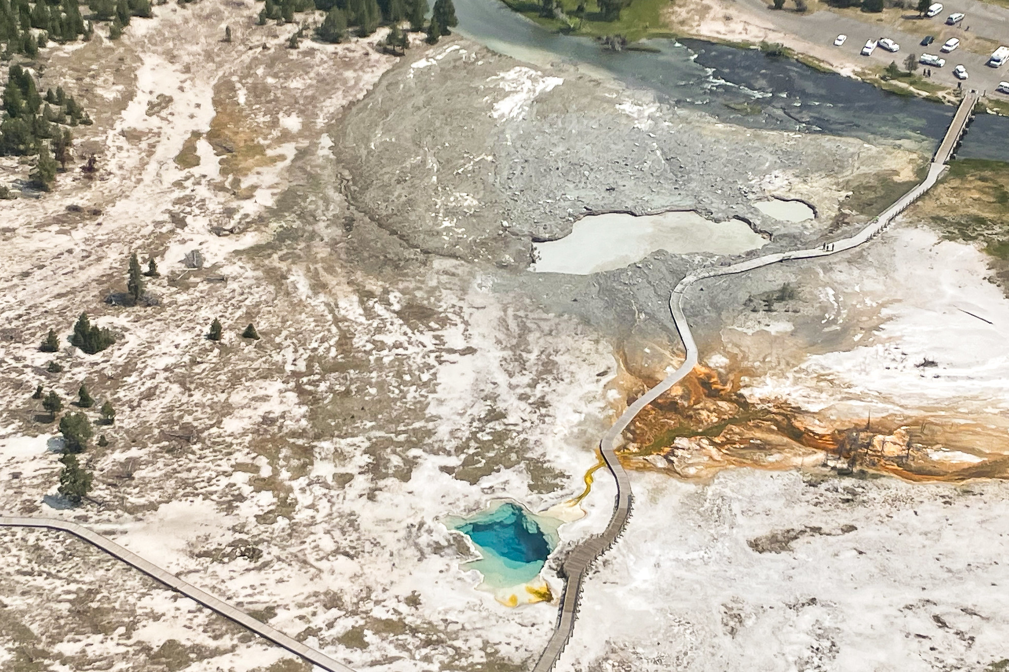 An aerial view of Biscuit Basin within Yellowstone National Park on Tuesday, hours after a hydrothermal explosion.