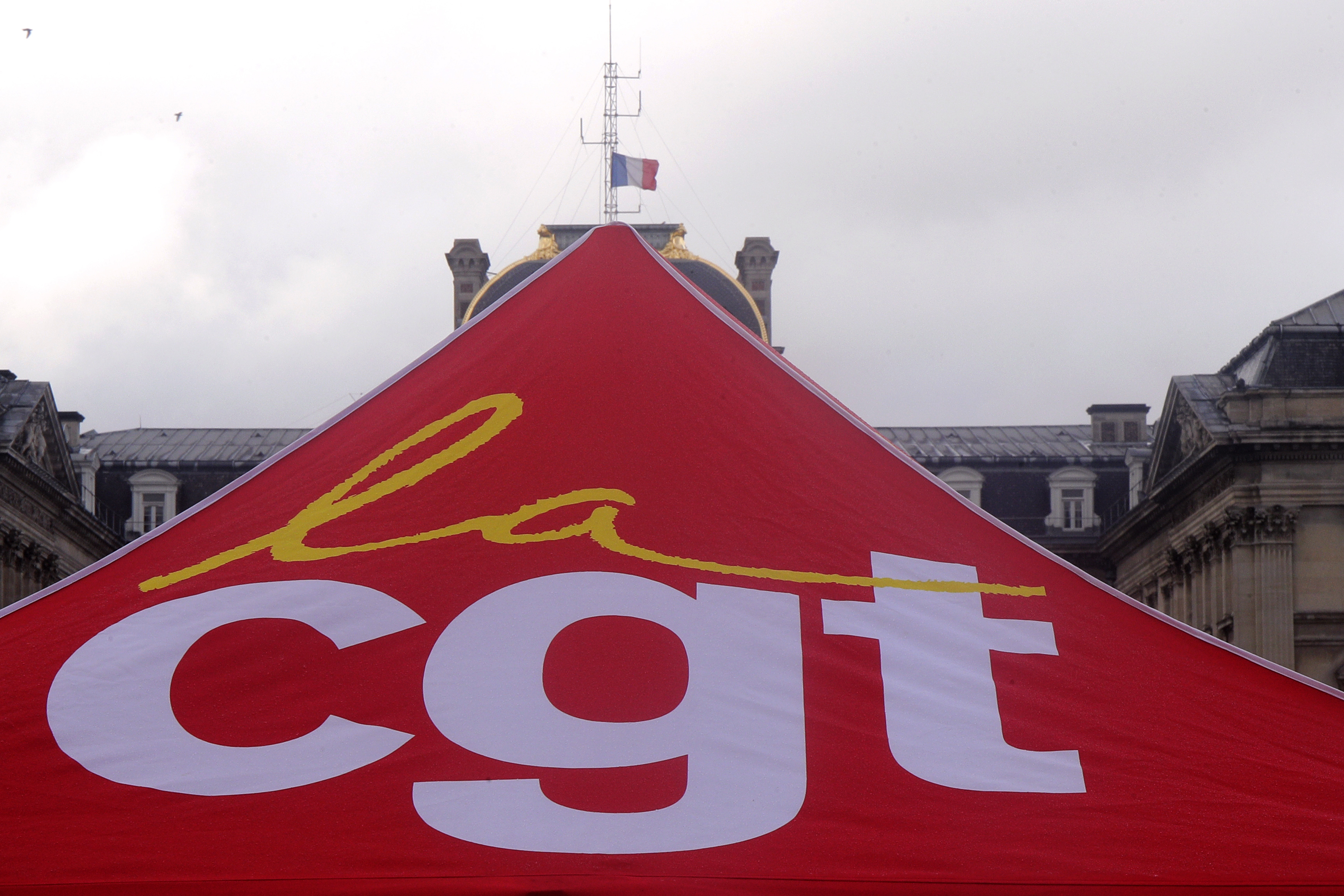 FILE - A CGT union tent is pictured during a demonstration in Lille, northern France, Tuesday, Thursday March 30, 2023. Staff were on strike at the five-star hotel where members of the International Olympic Committee (IOC) are staying on Thursday, July 25, 2024, the day before the opening ceremony for this year's Olympic Games in Paris.