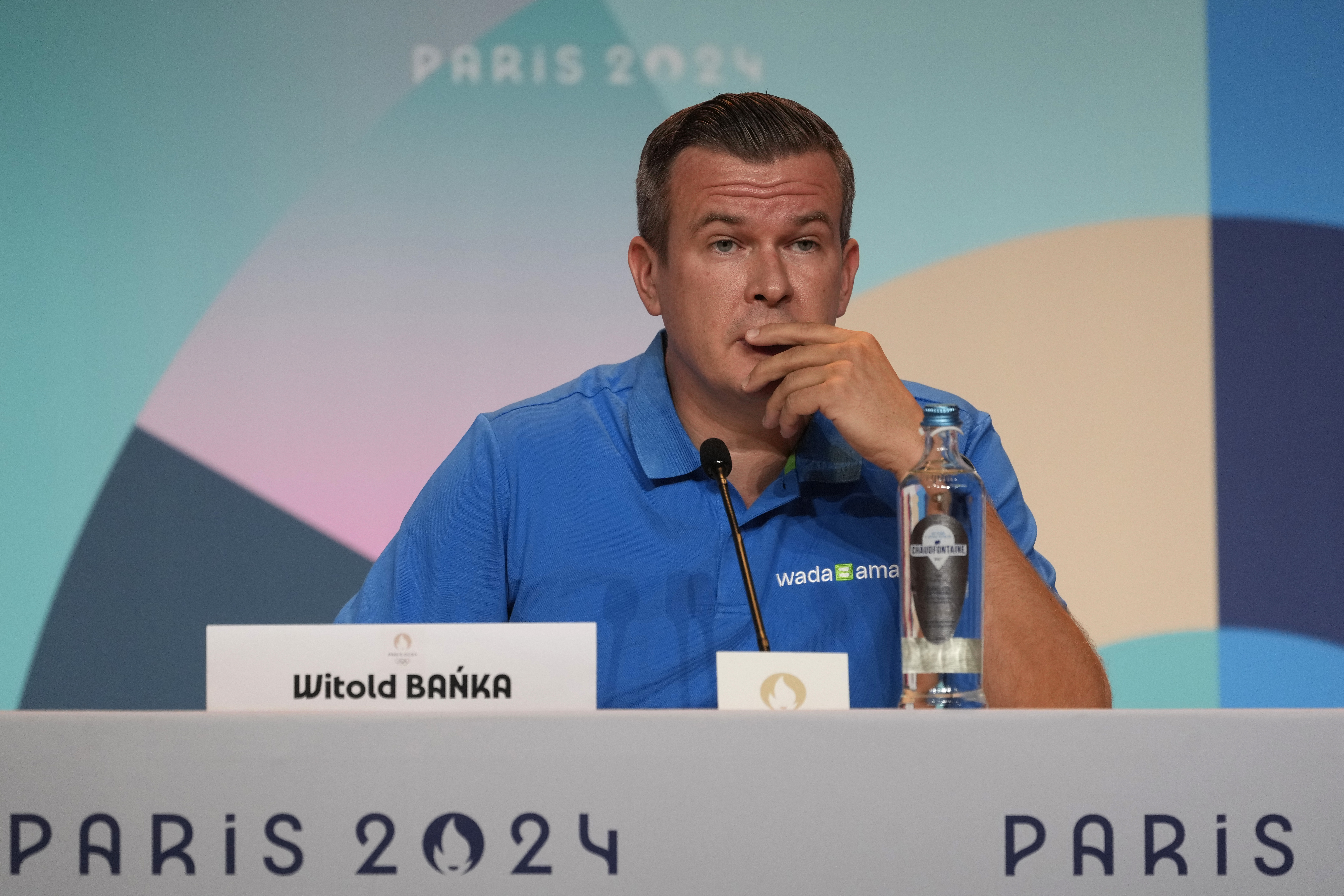 Witold Banka, president of the World Anti-Doping Agency (WADA), attends a press conference at the 2024 Summer Olympics, Thursday, July 25, 2024, in Paris, France. 
