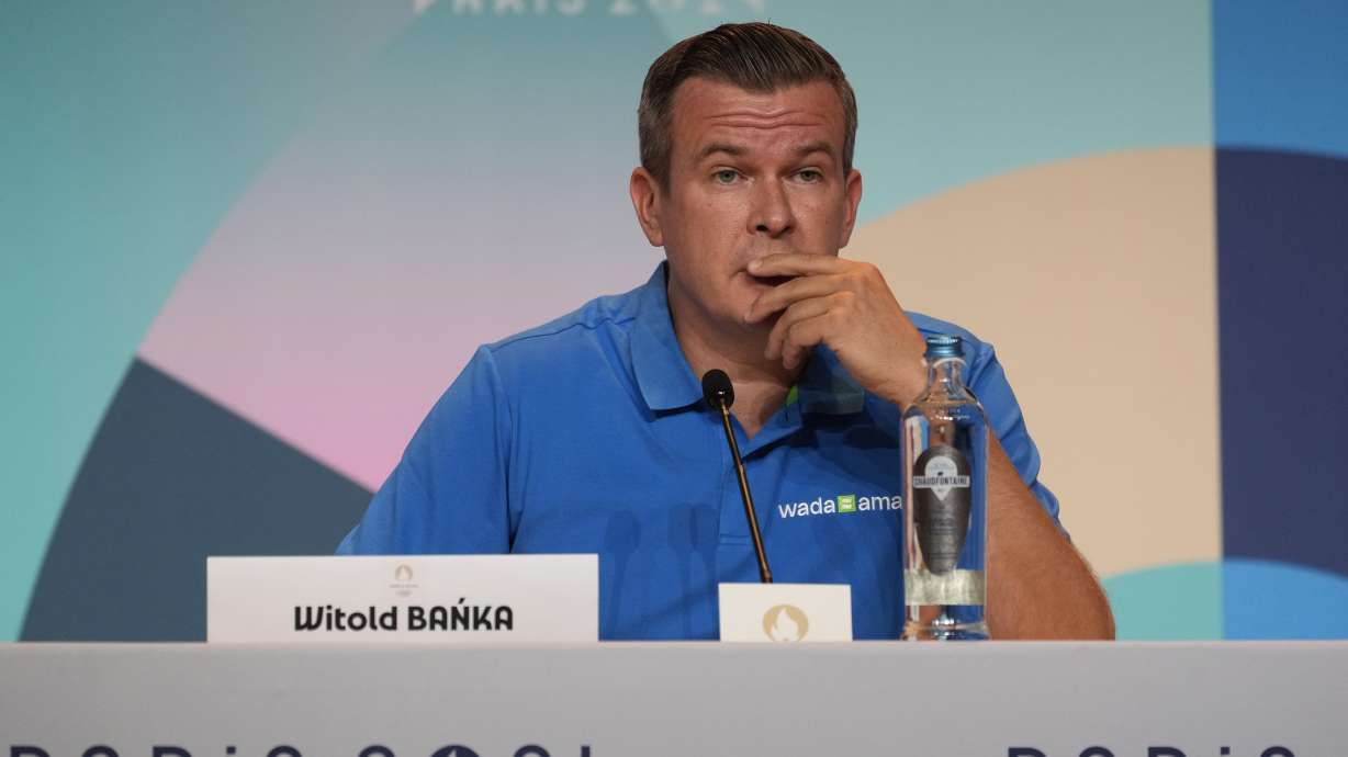 Witold Banka, president of the World Anti-Doping Agency (WADA), attends a press conference at the 2024 Summer Olympics, Thursday, July 25, 2024, in Paris, France.