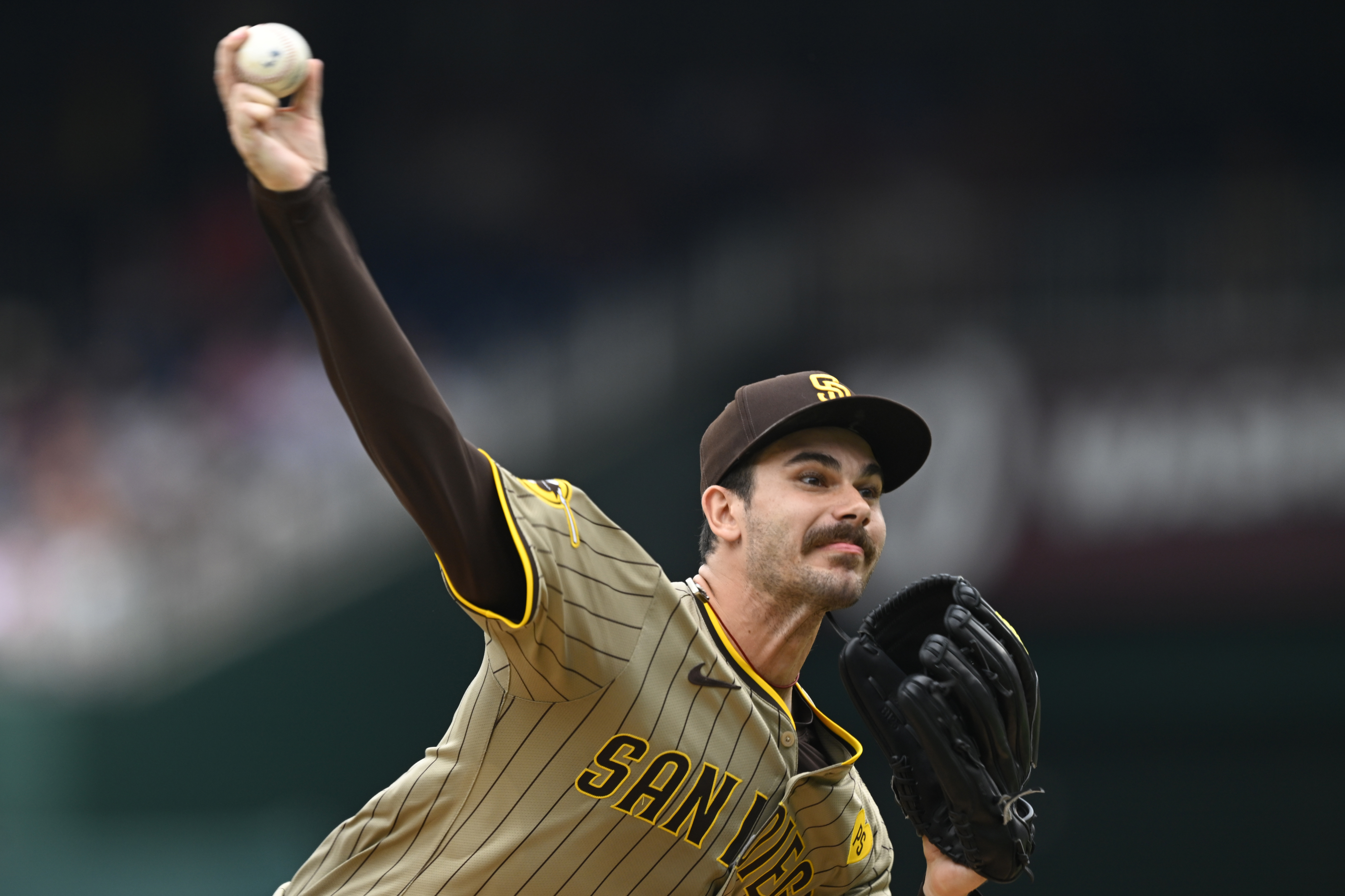 San Diego Padres starting pitcher Dylan Cease throws during the inning of a baseball game against the Washington Nationals, Thursday, July 25, 2024, in Washington.