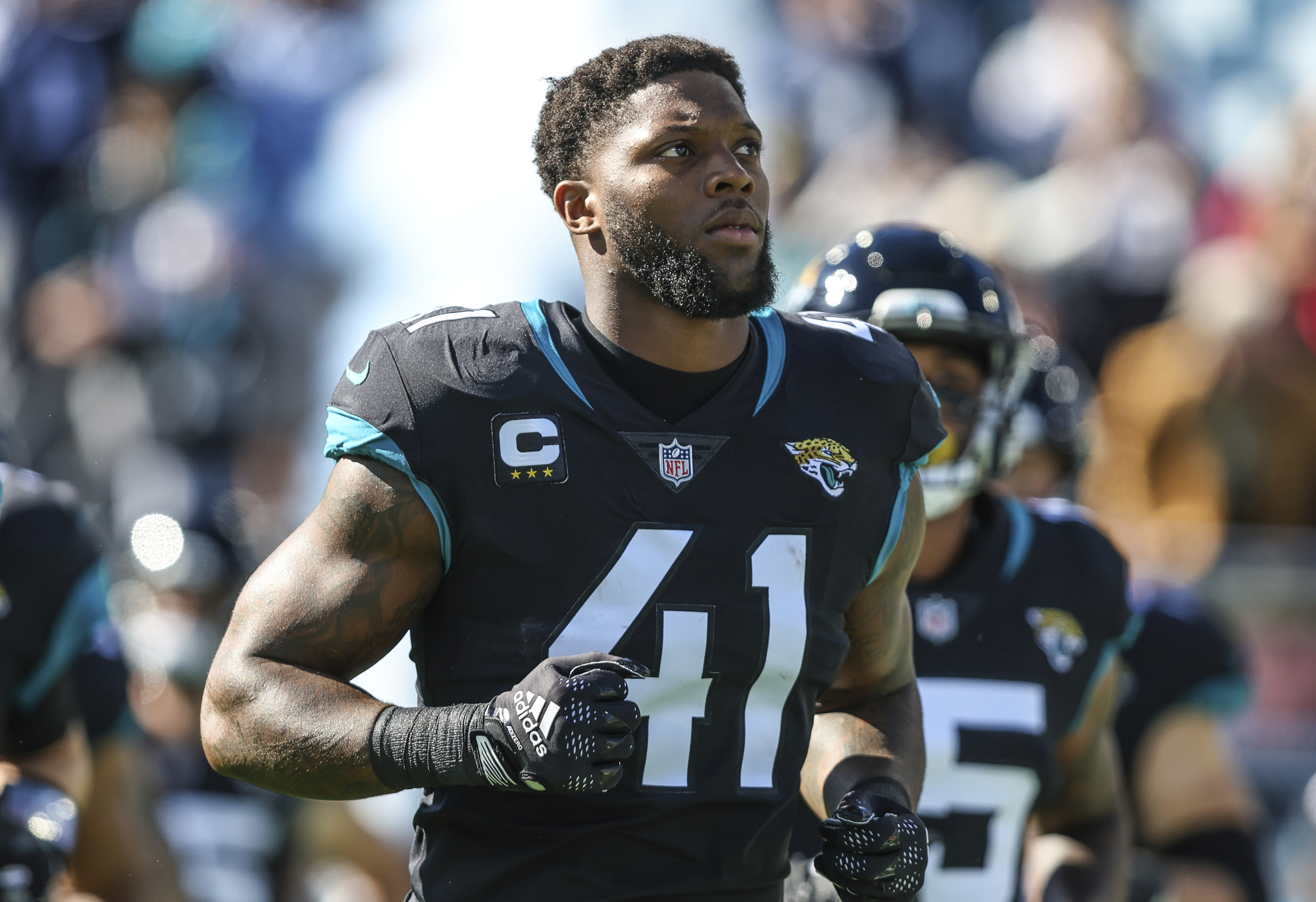 Jacksonville Jaguars linebacker Josh Allen (41) runs onto the field for an NFL football game against the Dallas Cowboys, Dec. 18, 2022, in Jacksonville, Fla. The star pass rusher announced on social media Tuesday, July 9, 2024, that he has changed his last name to Hines-Allen to honor his maternal family and relatives who have worn that surname on their jerseys. 