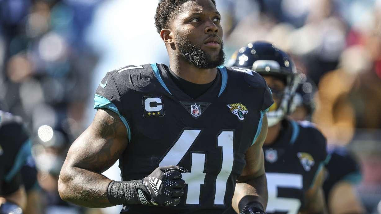 Jacksonville Jaguars linebacker Josh Allen (41) runs onto the field for an NFL football game against the Dallas Cowboys, Dec. 18, 2022, in Jacksonville, Fla. The star pass rusher announced on social media Tuesday, July 9, 2024, that he has changed his last name to Hines-Allen to honor his maternal family and relatives who have worn that surname on their jerseys.