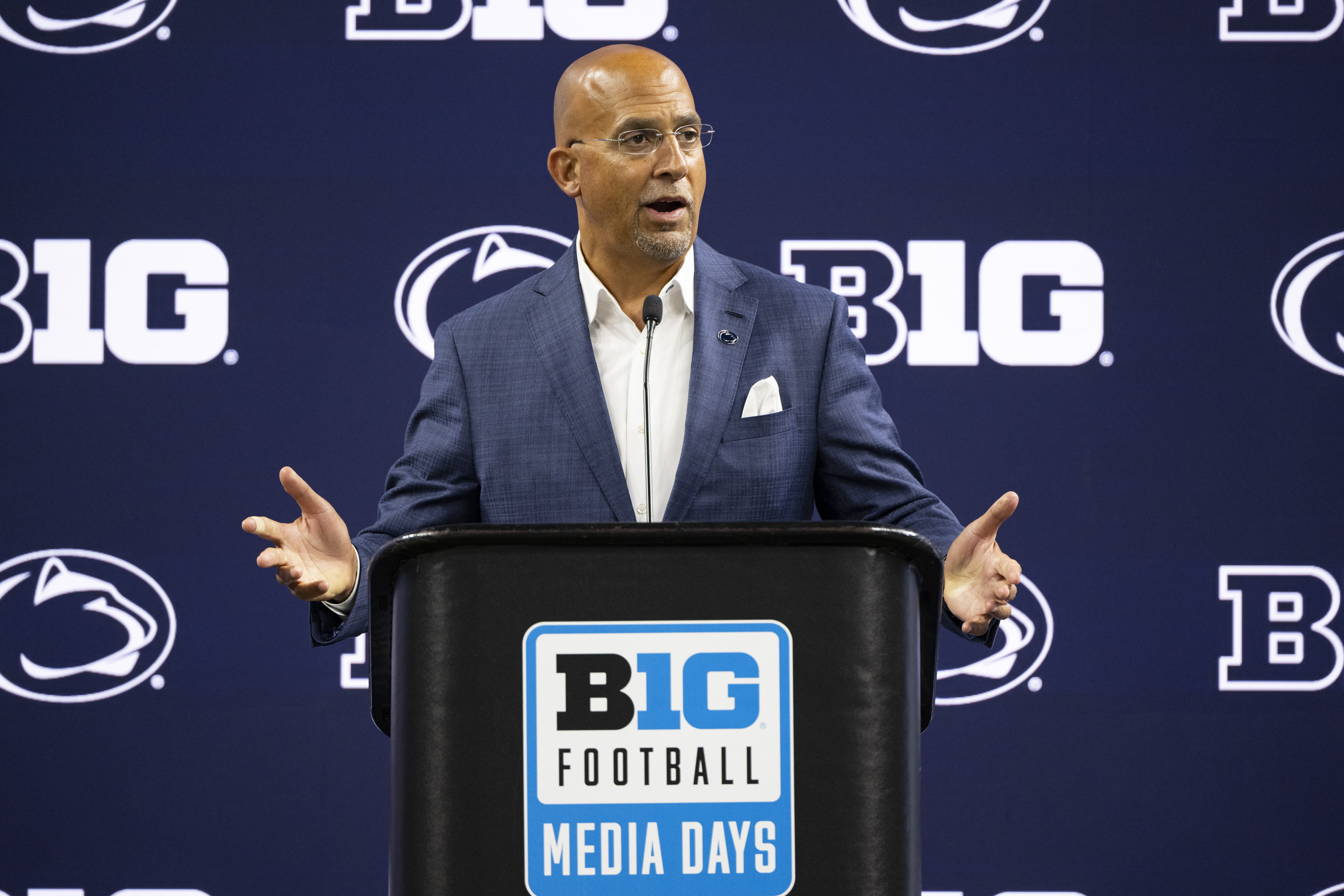 Penn State head coach James Franklin talks with reporters during an NCAA college football news conference at the Big Ten Conference media days at Lucas Oil Stadium, Wednesday, July 24, 2024, in Indianapolis.