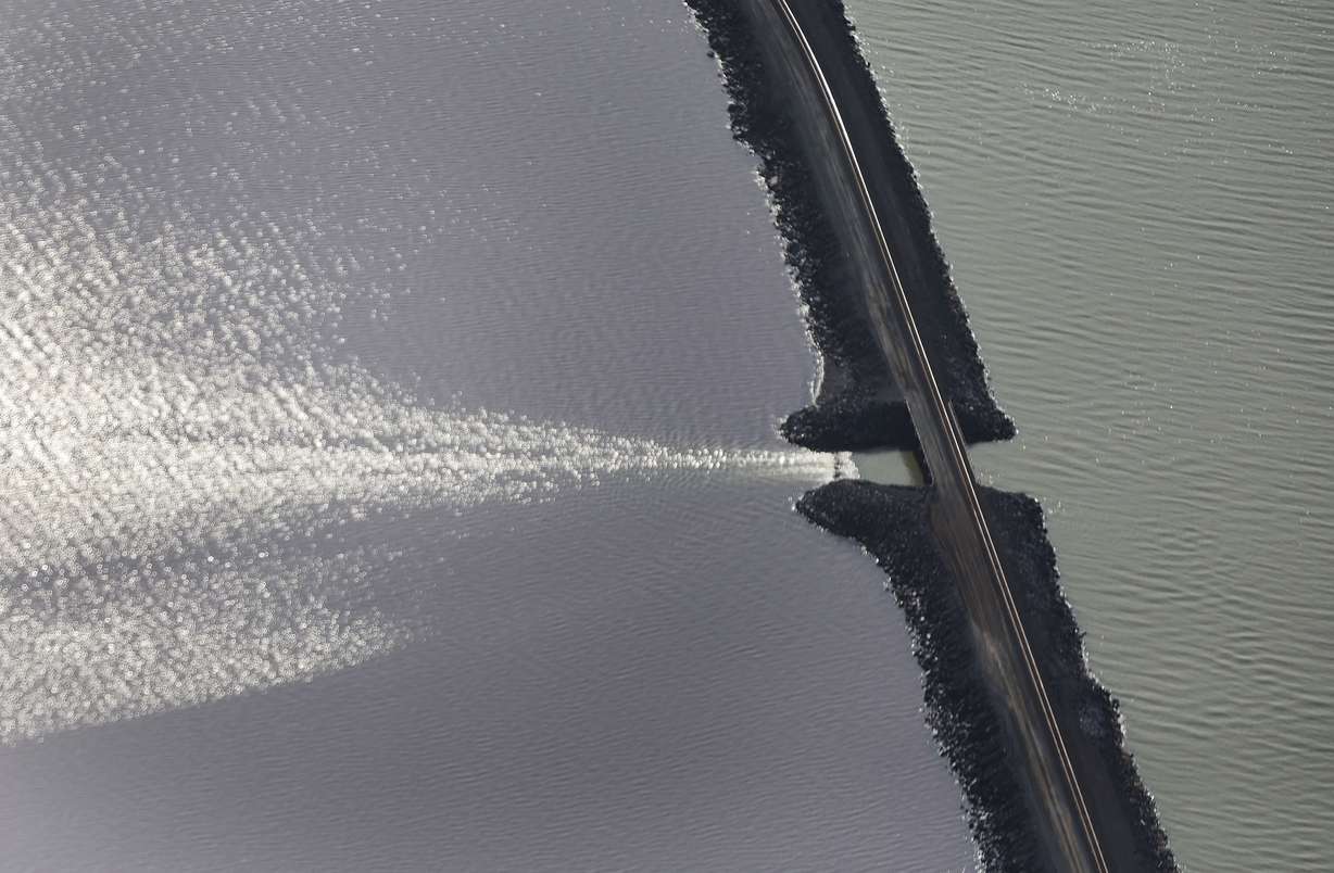 The railroad causeway is breached on the Great Salt Lake as photographed on May 3, 2023.