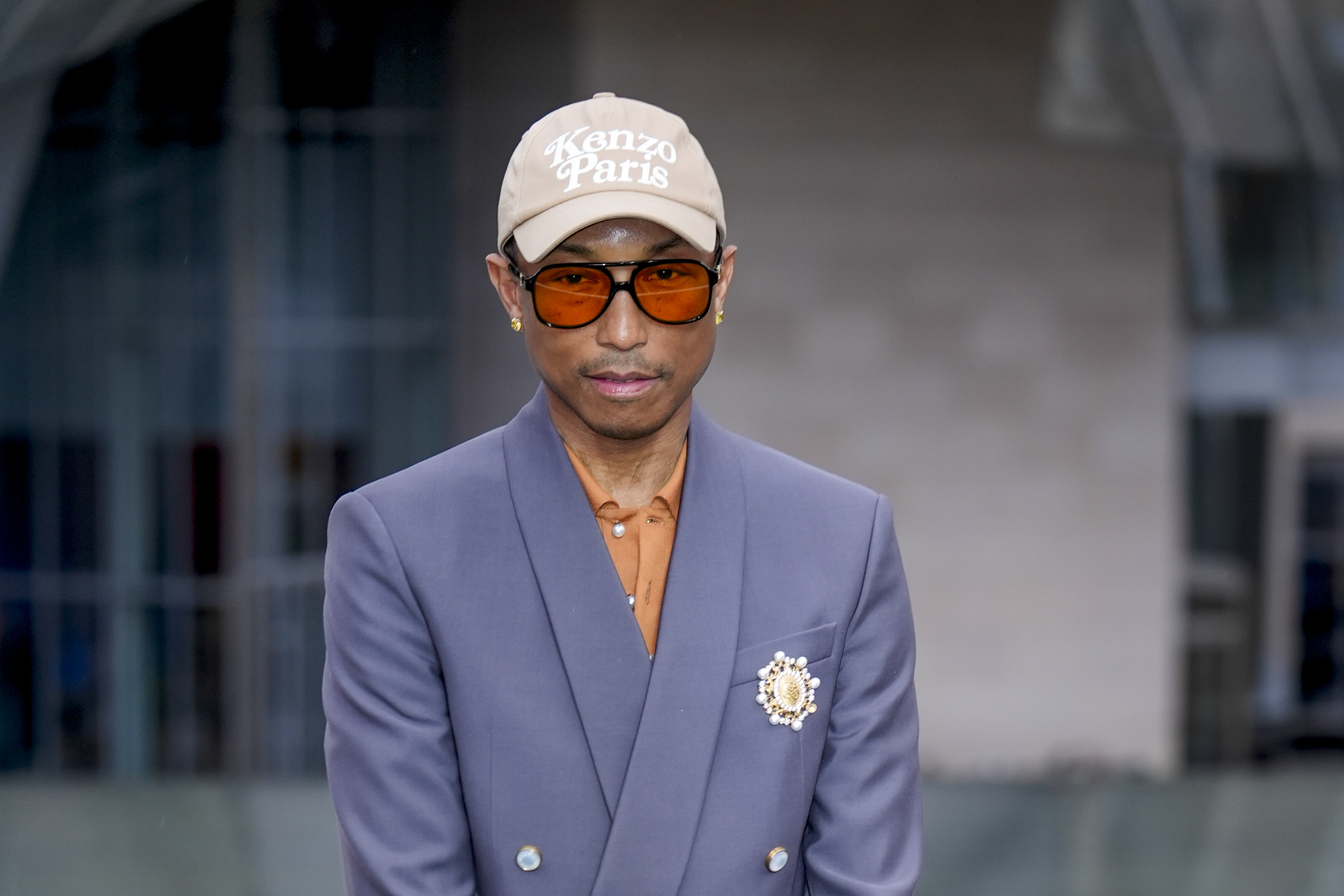 Pharrell Williams upon arrival at the Louis Vuitton Foundation on the eve of Paris Olympics opening ceremony, at the 2024 Summer Olympics, Thursday, July 25, 2024, in Paris, France. 