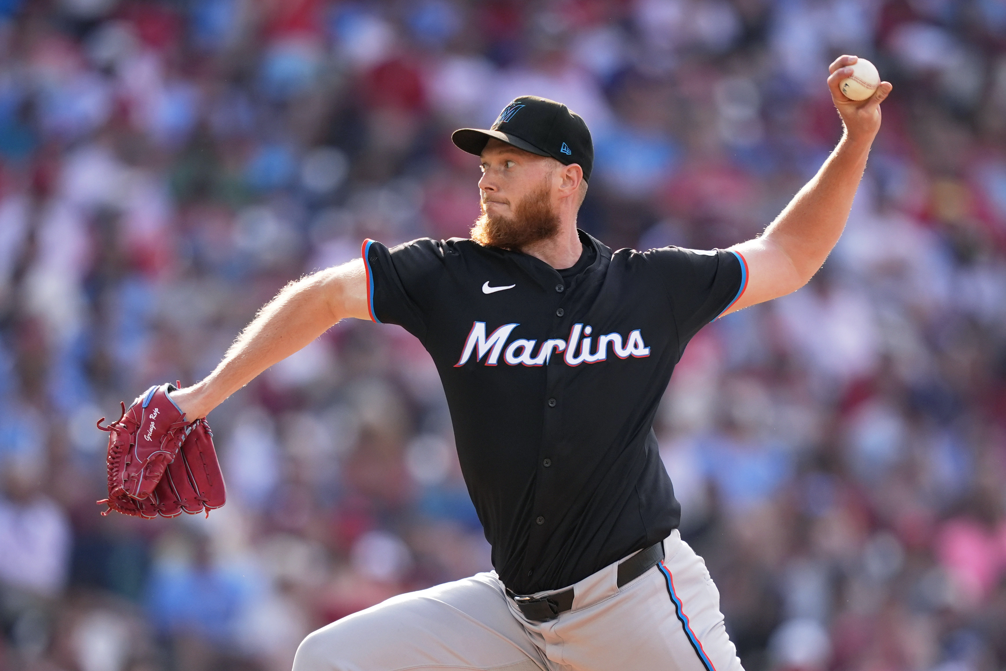 Miami Marlins' A.J. Puk pitches during the seventh inning of a baseball game against the Philadelphia Phillies, Saturday, June 29, 2024, in Philadelphia.