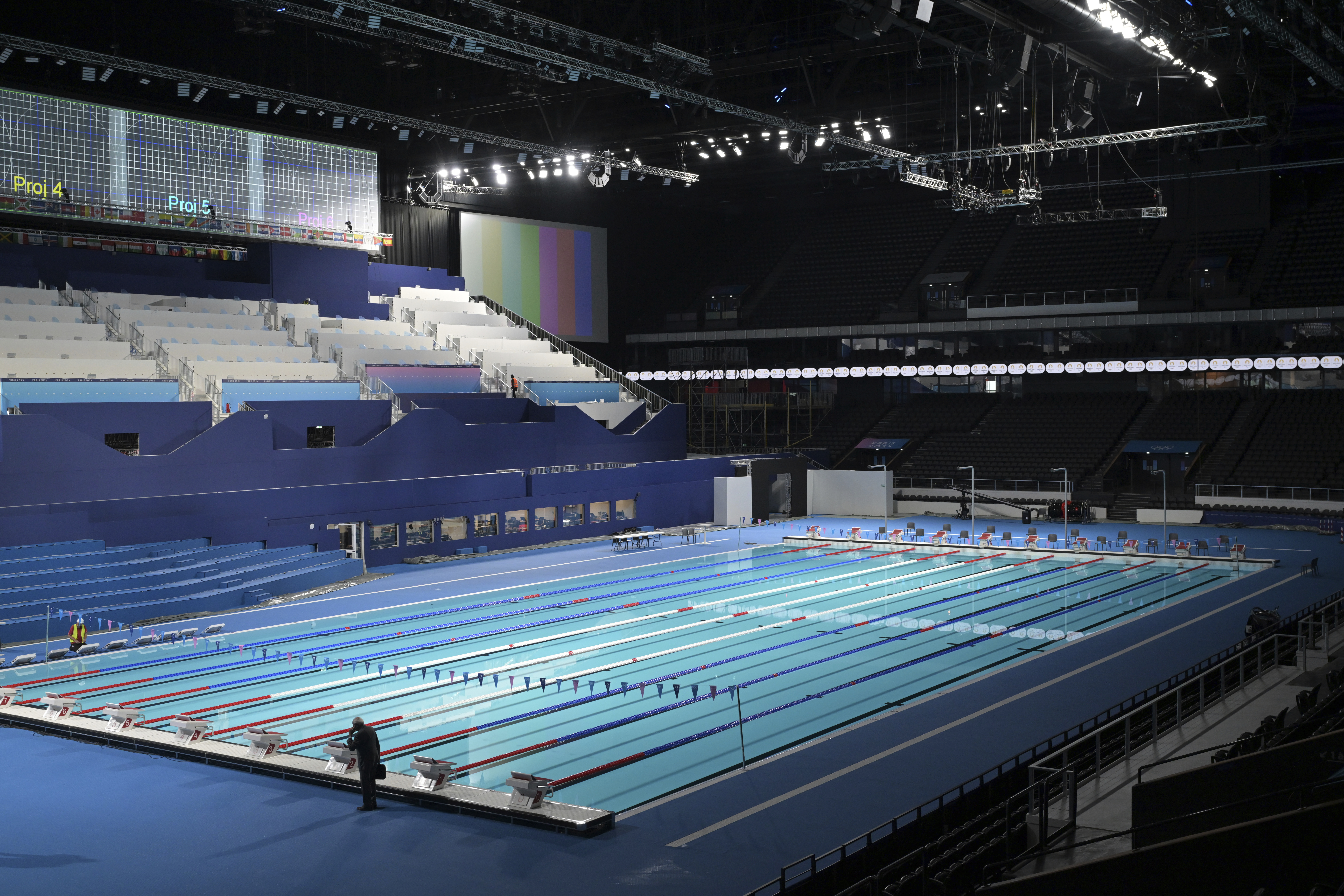 The swimming pool for Olympic competitions is seen in the Paris La Defense Arena in Nanterre, outside Paris, Monday July 5, 2024. The Paris La Defense Arena will host the swimming and some water polo events during the Paris 2024 Olympic Games. 