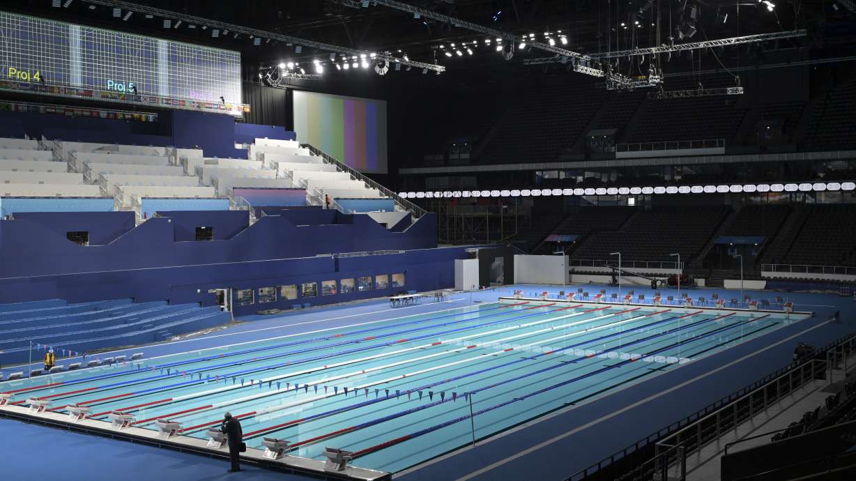The swimming pool for Olympic competitions is seen in the Paris La Defense Arena in Nanterre, outside Paris, Monday July 5, 2024. The Paris La Defense Arena will host the swimming and some water polo events during the Paris 2024 Olympic Games.