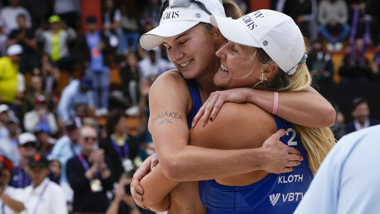 FILE - Kristen Nuss, left, and Taryn Kloth, of the United States, celebrate after beating Mariafe Artacho Del Solar and Taliqua Clancy, of Australia during the women's Beach Volleyball World Cup third place match in Tlaxcala, Mexico, Sunday, Oct. 15, 2023.