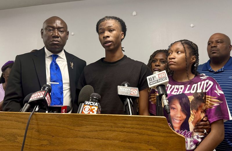 Malachi Hill Massey, 17, center, speaks at a news conference on Tuesday at the NAACP headquarters in Springfield, Illinois, about his mother, Sonya Massey, who was shot to death by a Sangamon County sheriff's deputy on July 6.