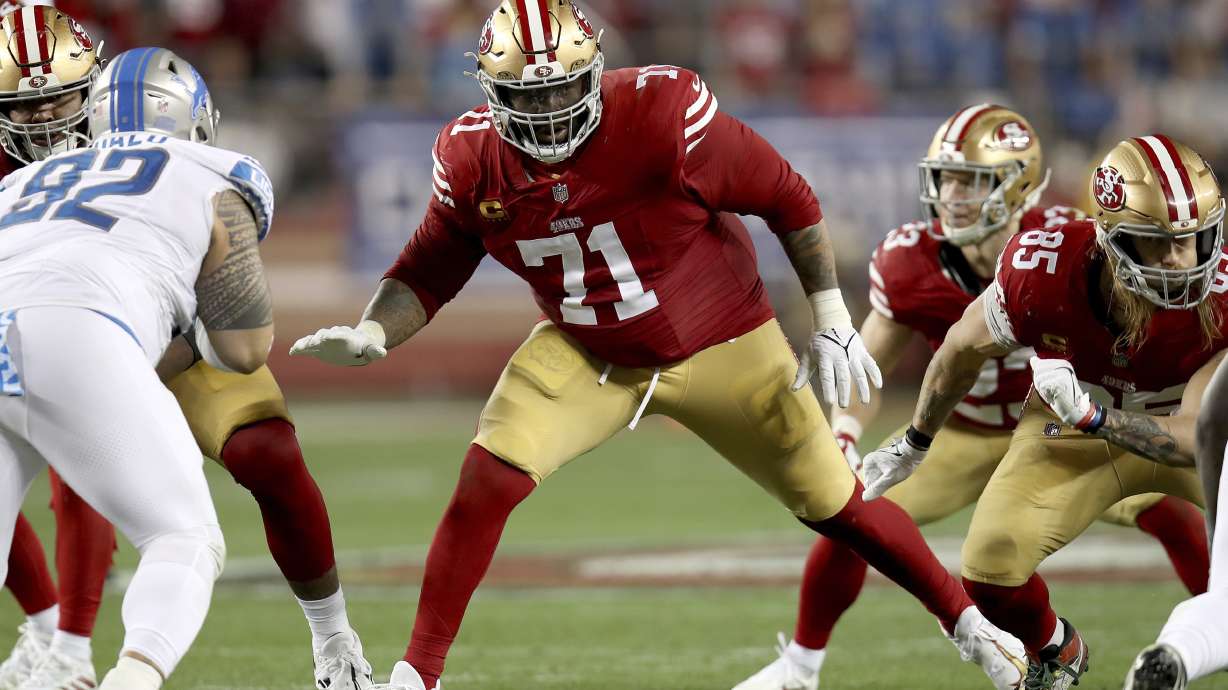 FILE - San Francisco 49ers offensive tackle Trent Williams (71) blocks during the NFC Championship NFL football game against the Detroit Lions in Santa Clara, Calif., Sunday, Jan. 28, 2024.