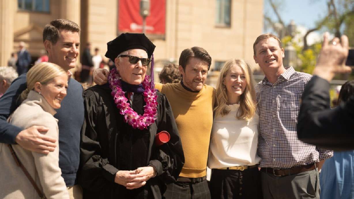 F. Bryant McOmber, third from left, participates in the May 10 commencement at S.J. Quinney College of Law, 52 years after he finished his coursework.