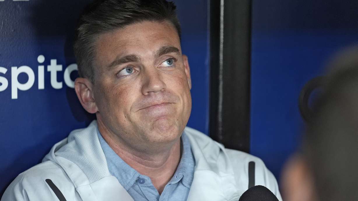 Erik Neander, Tampa Bay Rays president of baseball operations, thinks about a question as he speaks to media about recent trades before a baseball game against the Cincinnati Reds Friday, July 26, 2024, in St. Petersburg, Fla.