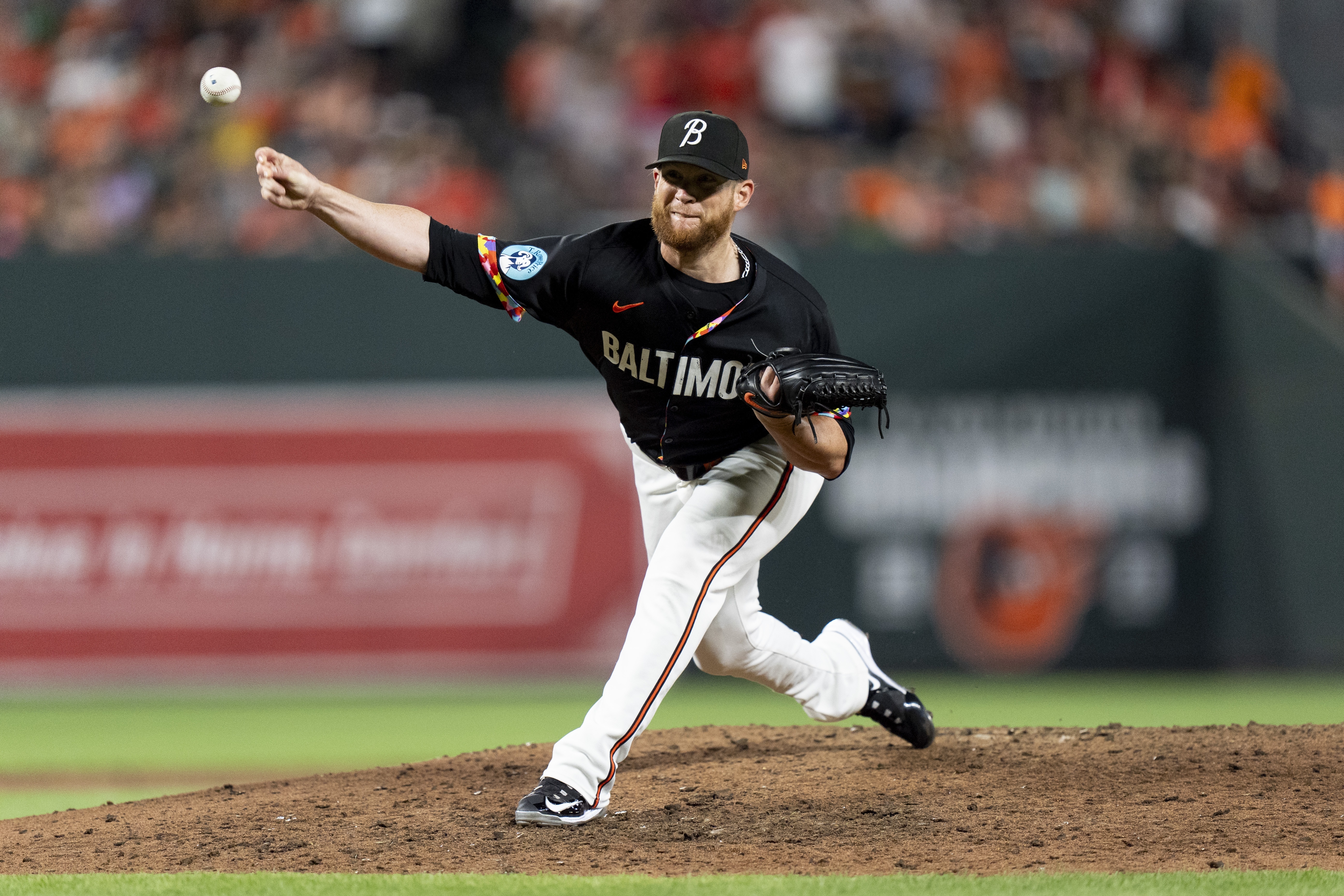 Baltimore Orioles relief pitcher Craig Kimbrel delivers during the ninth inning of a baseball game against the San Diego Padres, Friday, July 26, 2024, in Baltimore.