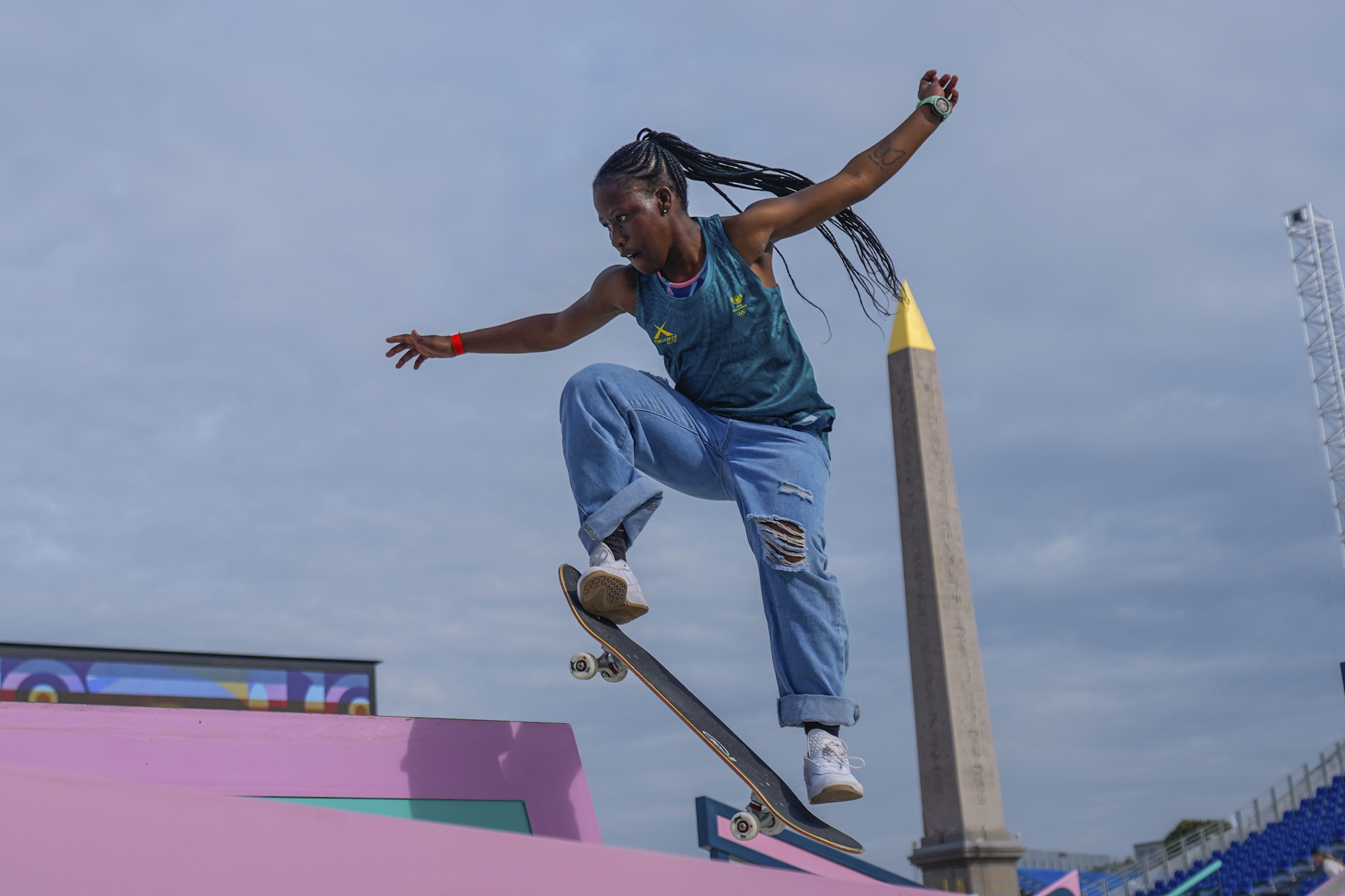 South Africa's Boipelo Awuah gets acquainted with the street skateboarding course during a women's practice session ahead of the 2024 Summer Olympics, Thursday, July 25, 2024, in Paris, France. 
