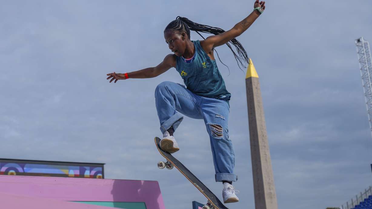 South Africa's Boipelo Awuah gets acquainted with the street skateboarding course during a women's practice session ahead of the 2024 Summer Olympics, Thursday, July 25, 2024, in Paris, France.