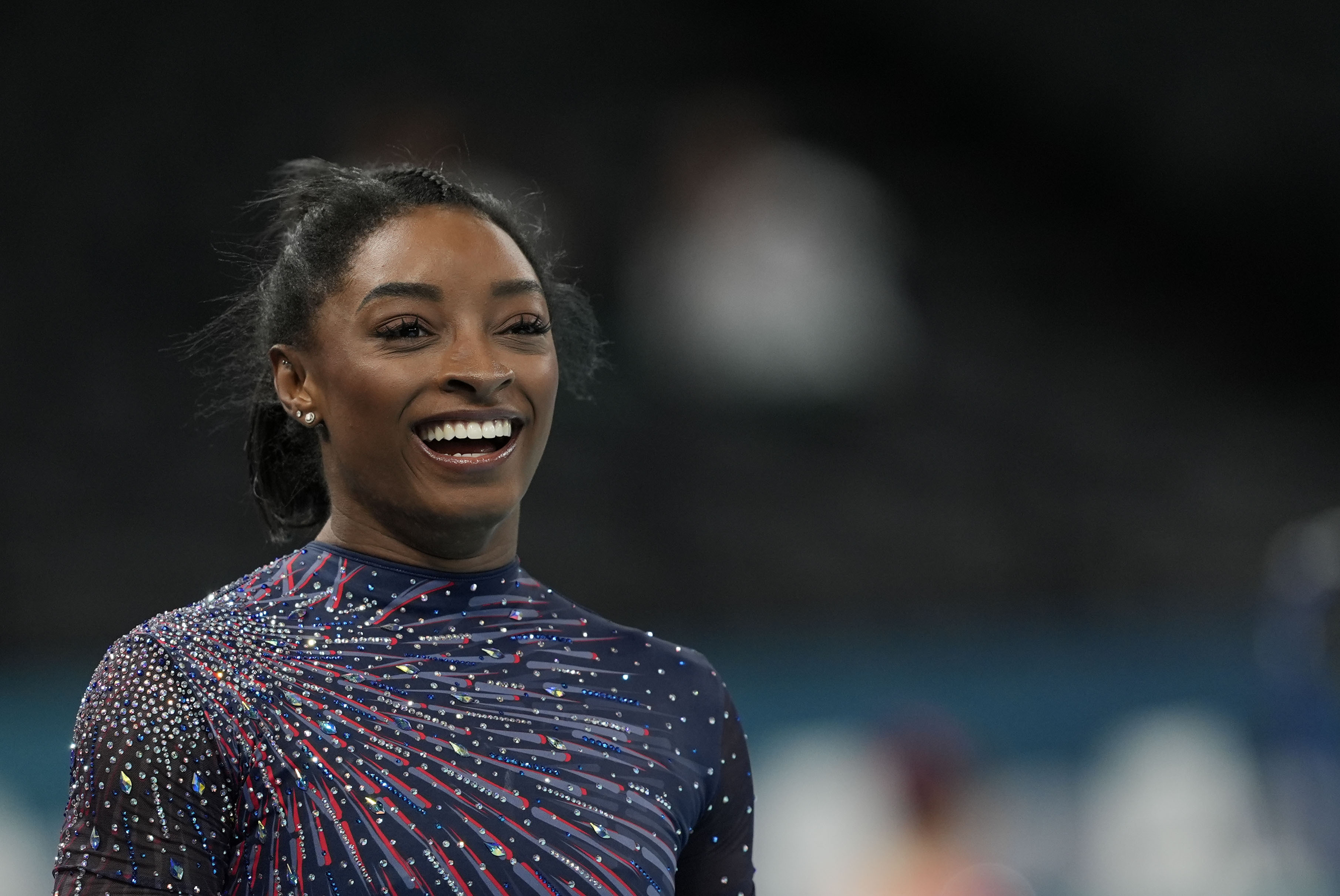 Simone Biles, of the United States, attends a gymnastics training session at Bercy Arena at the Summer Olympics, Thursday, July 25, 2024, in Paris, France. 