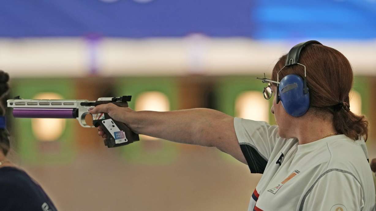 Georgia's Nino Salukvadze competes in the 10m air pistol women's qualification round at the 2024 Summer Olympics, Saturday, July 27, 2024, in Chateauroux, France.
