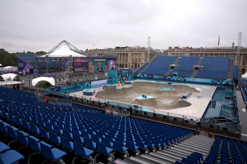 A general view of the Paris 2024 Olympics skateboarding course and stand after the men's street events were postponed due to bad weather Saturday. 