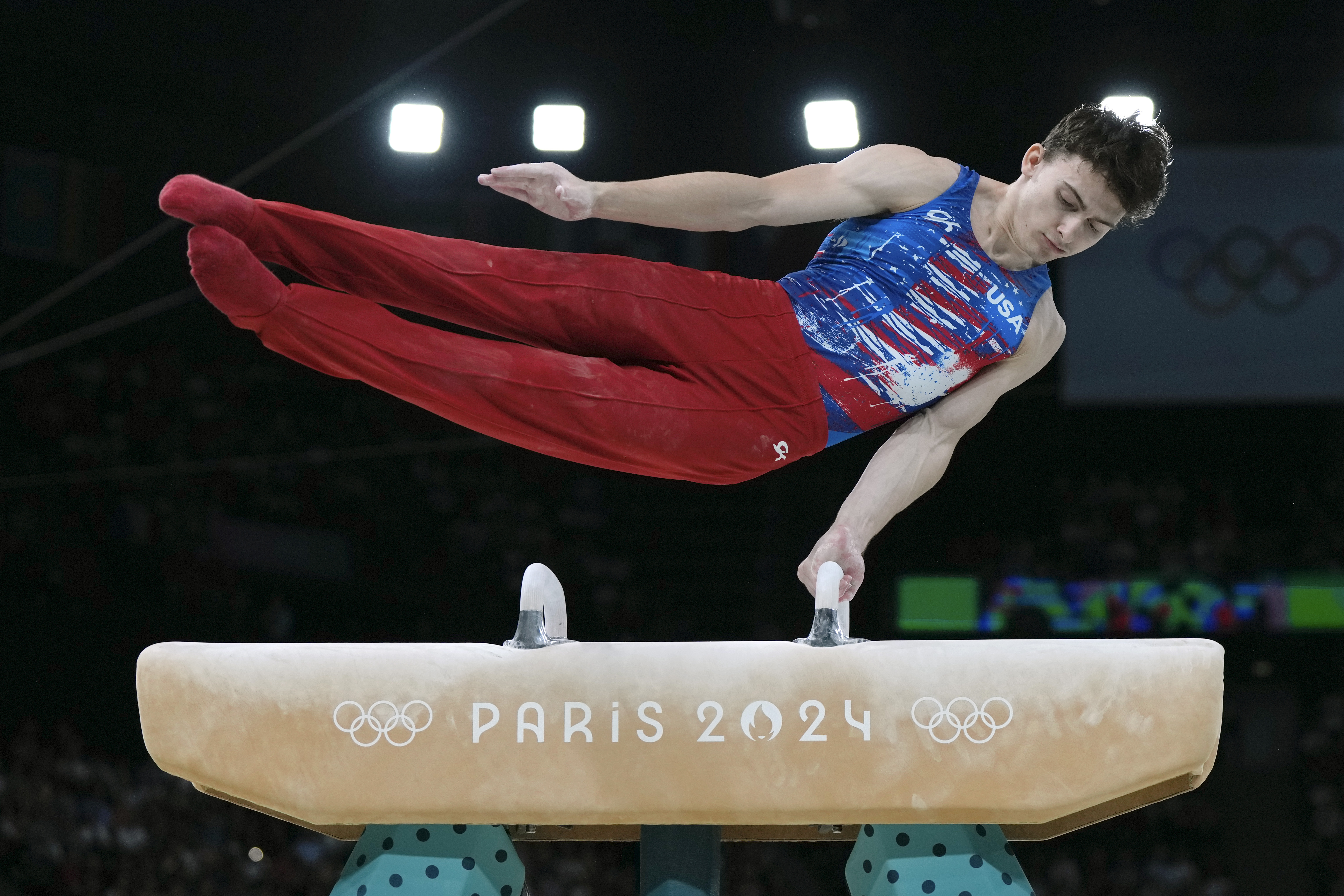 Stephen Nedoroscik, of United States, competes on the pommel horse during a men's artistic gymnastics qualification round at the 2024 Summer Olympics, Saturday, July 27, 2024, in Paris, France. 