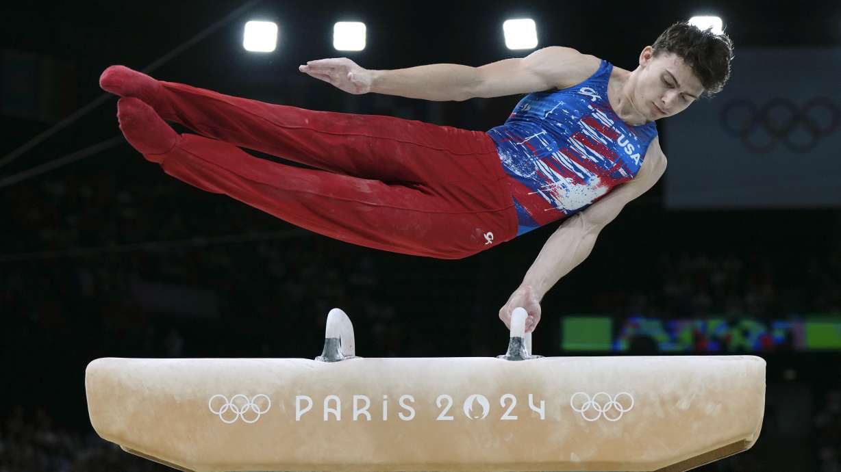 Stephen Nedoroscik, of United States, competes on the pommel horse during a men's artistic gymnastics qualification round at the 2024 Summer Olympics, Saturday, July 27, 2024, in Paris, France.