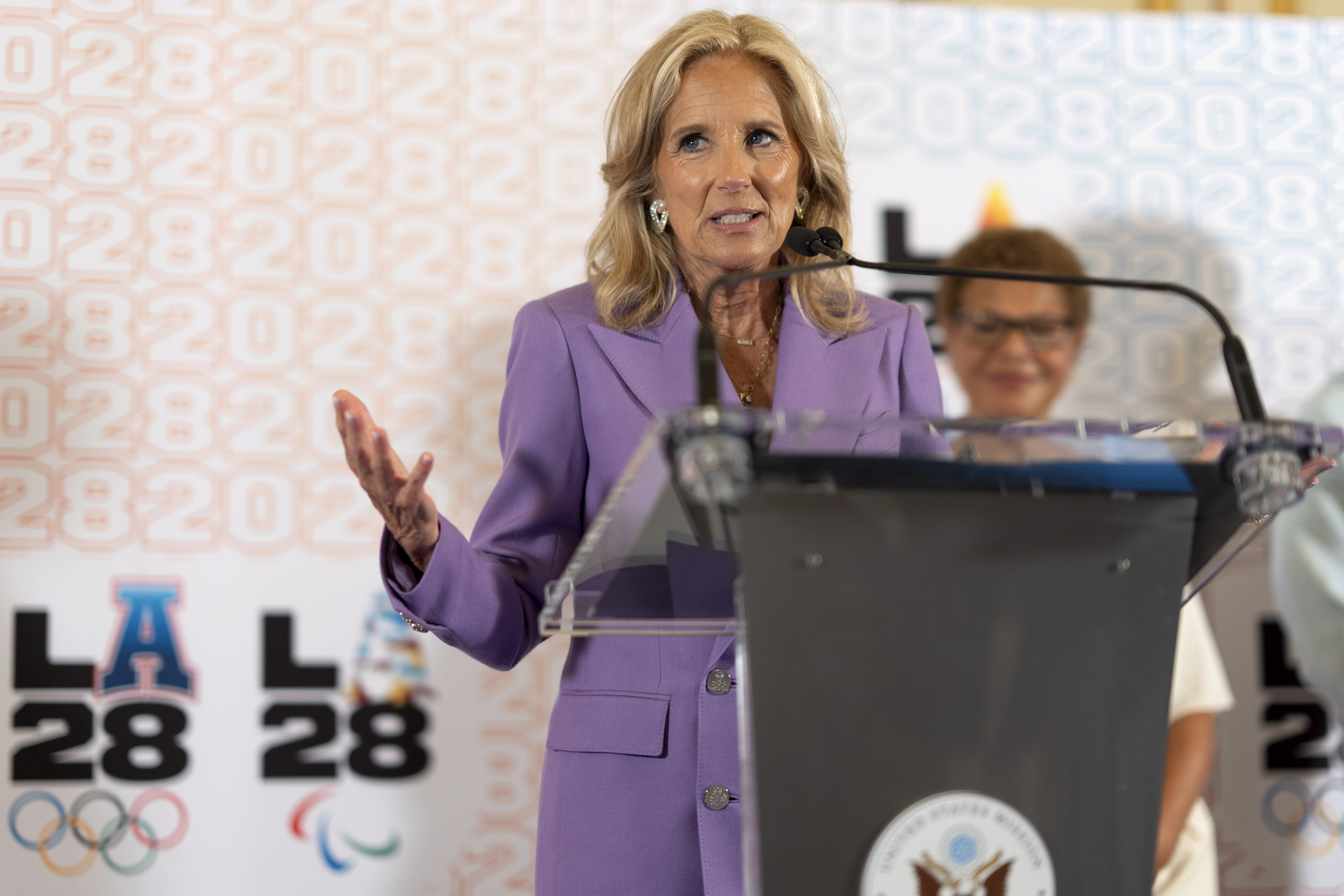 First lady Jill Biden speaks at a reception at the U.S. Chief of Mission Residence to commemorate the opening of the 2024 Summer Olympics and celebrate the upcoming 2028 Olympic Games, to be held in Los Angeles, Saturday, July 27, 2024, in Paris. 