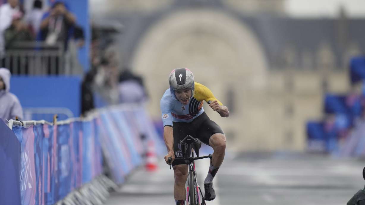 Remco Evenepoel, of Belgium, wins the men's cycling time trial event, at the 2024 Summer Olympics, Saturday, July 27, 2024, in Paris, France.